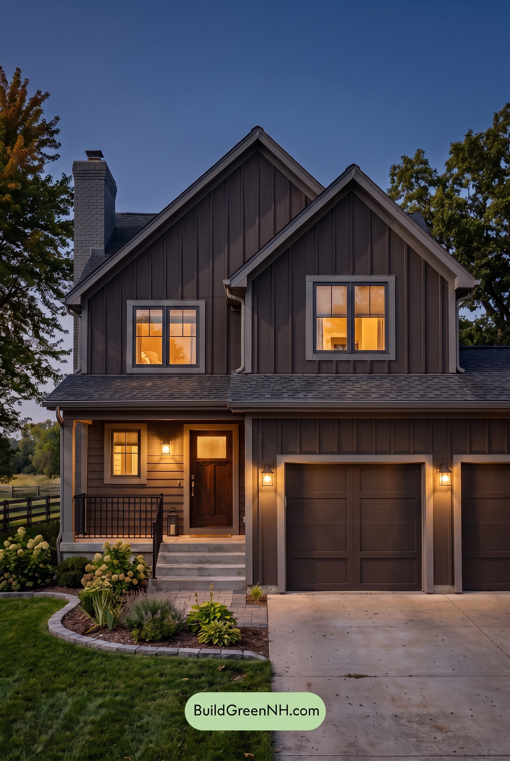 Dark Brown House Exterior Color Scheme: Mocha Ashstone Entry - Nighttime