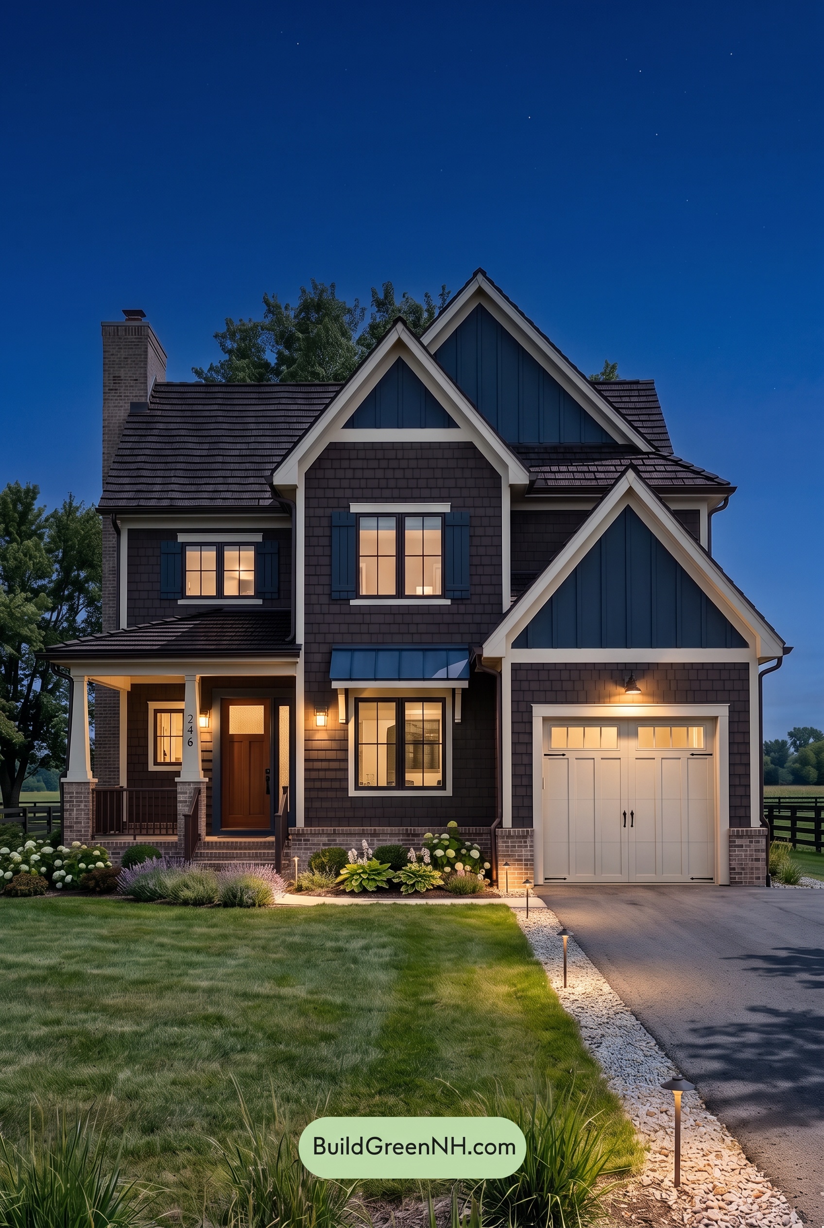 Dark Brown House Exterior Color Scheme: Sapphire Homestead - Nighttime