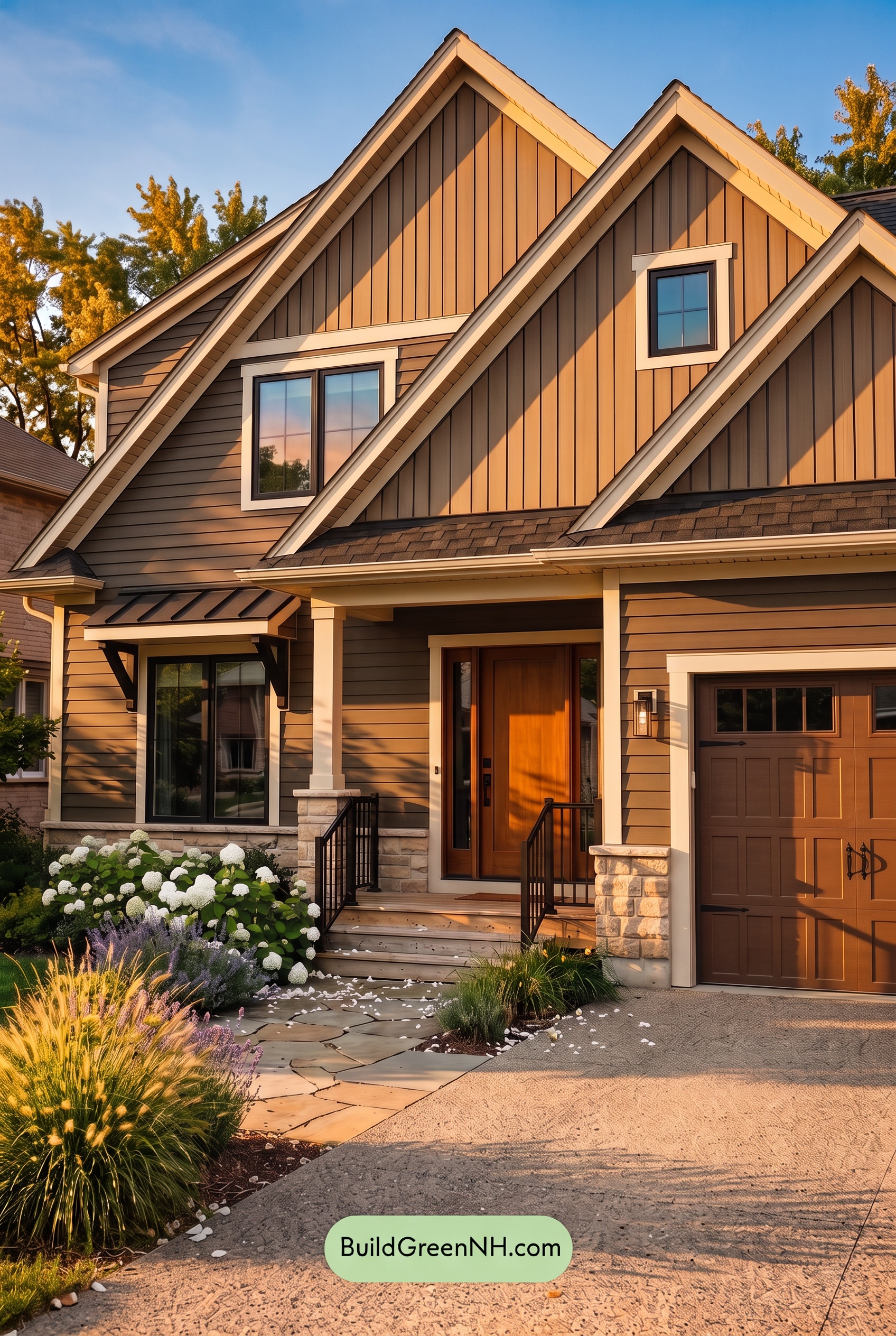 Dark Brown House Exterior Color Scheme: Truffle Gable Charm - Golden Hour