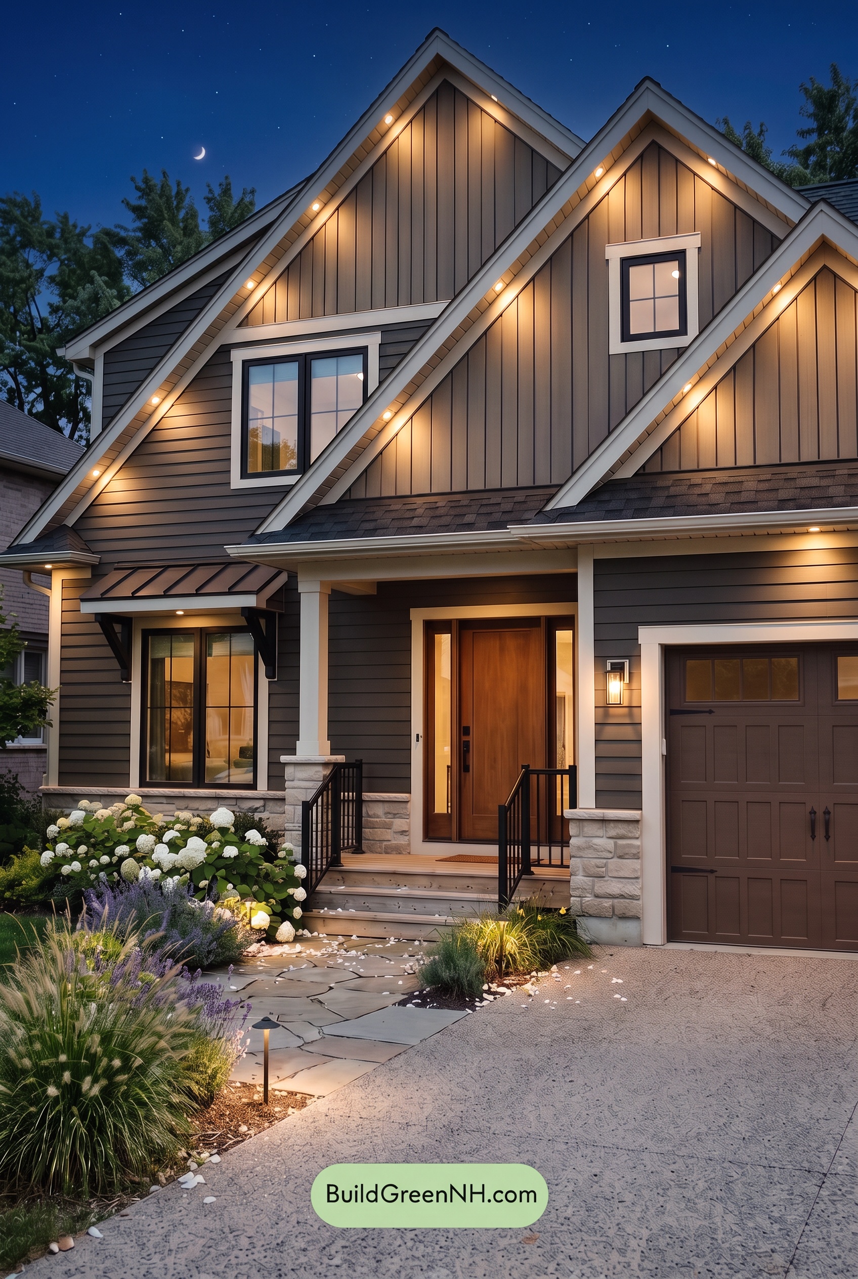 Dark Brown House Exterior Color Scheme: Truffle Gable Charm - Nighttime