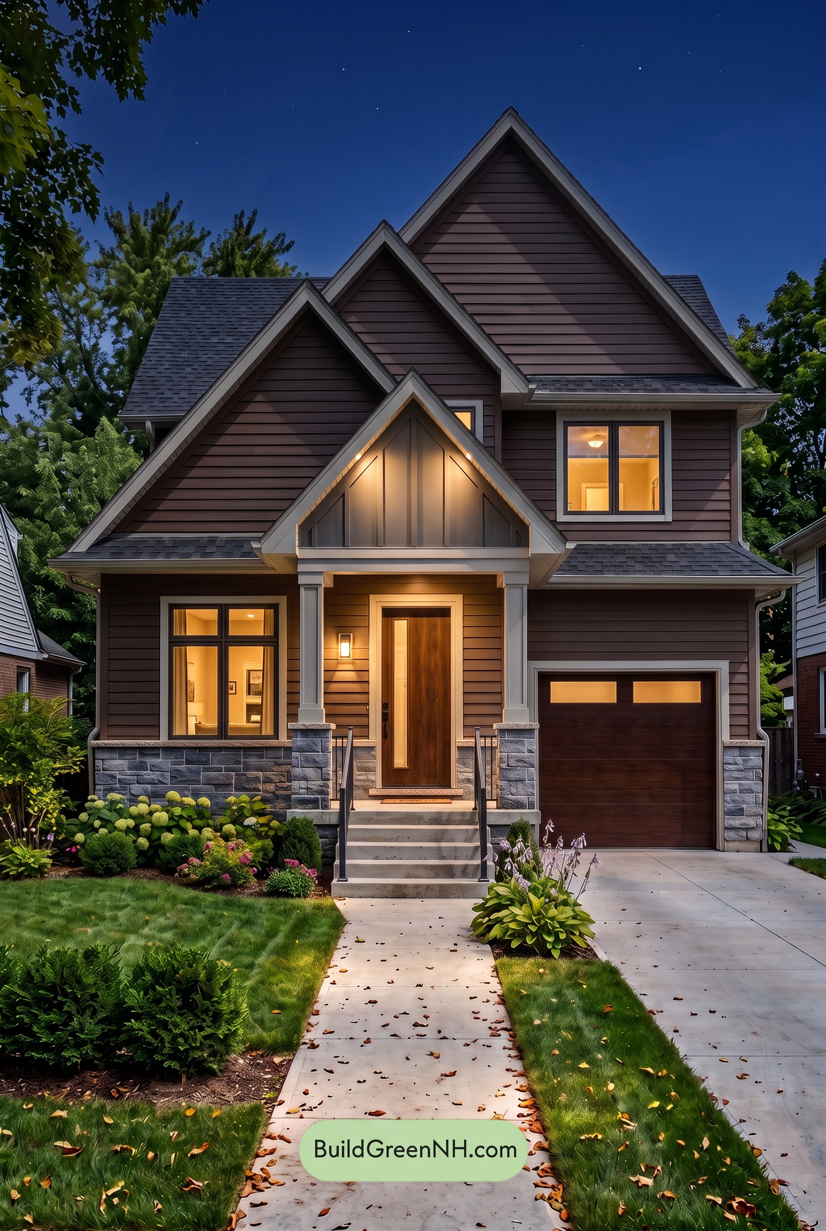 Dark Brown House Exterior Color Scheme: Umber Slate Welcome - Nighttime
