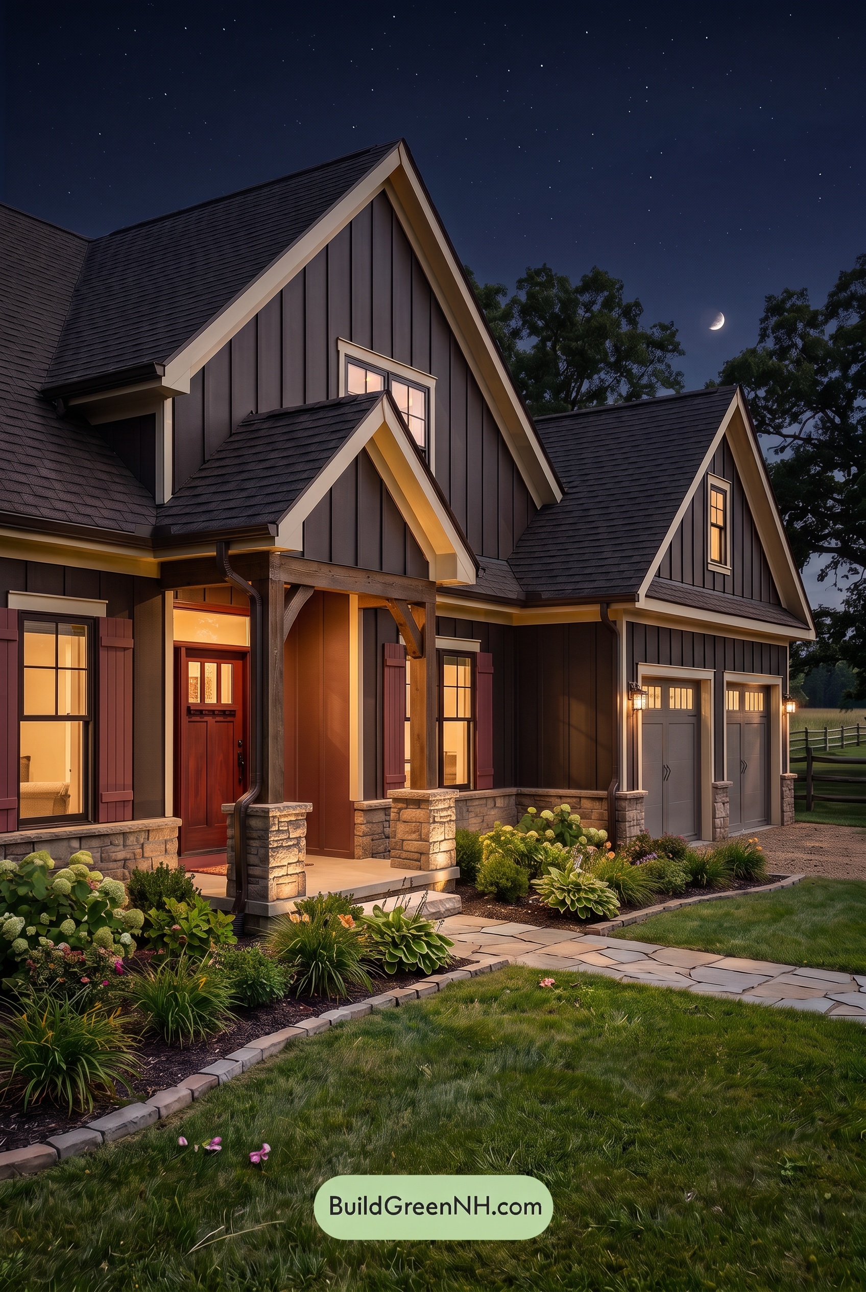 Dark Brown House Exterior Color Scheme: Velvet Gablehouse - Nighttime
