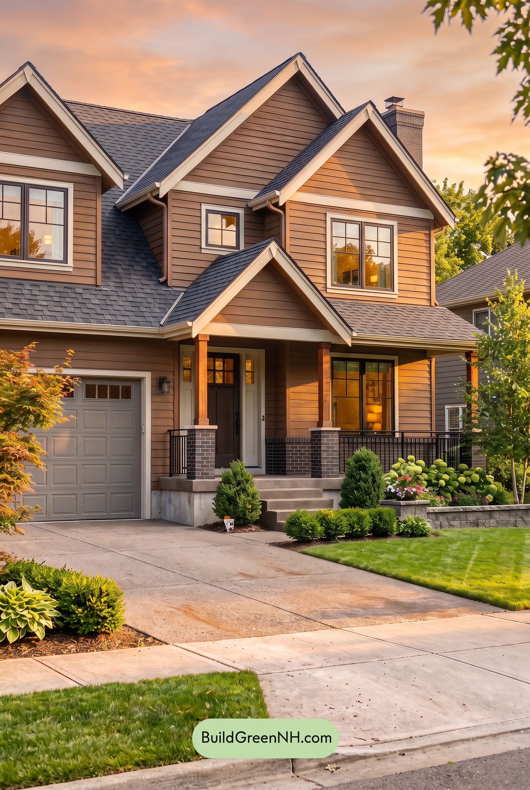 Dark Brown House Exterior Color Scheme: Walnut Silver Porch - Golden Hour