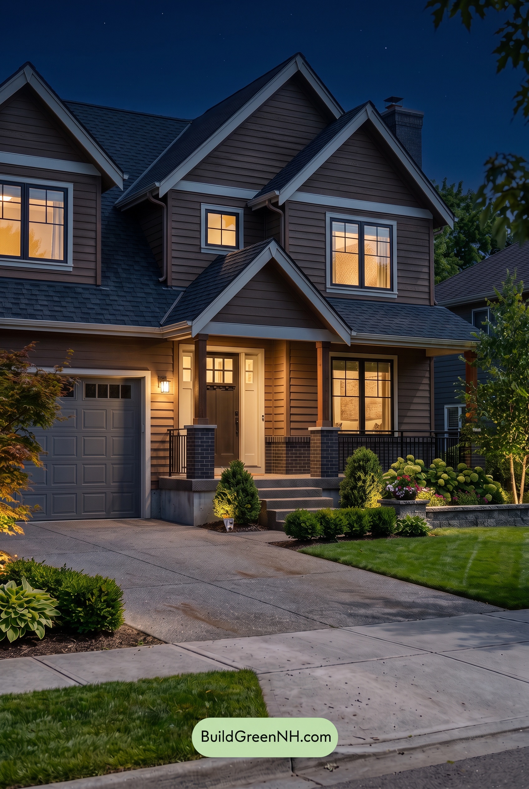 Dark Brown House Exterior Color Scheme: Walnut Silver Porch - Nighttime
