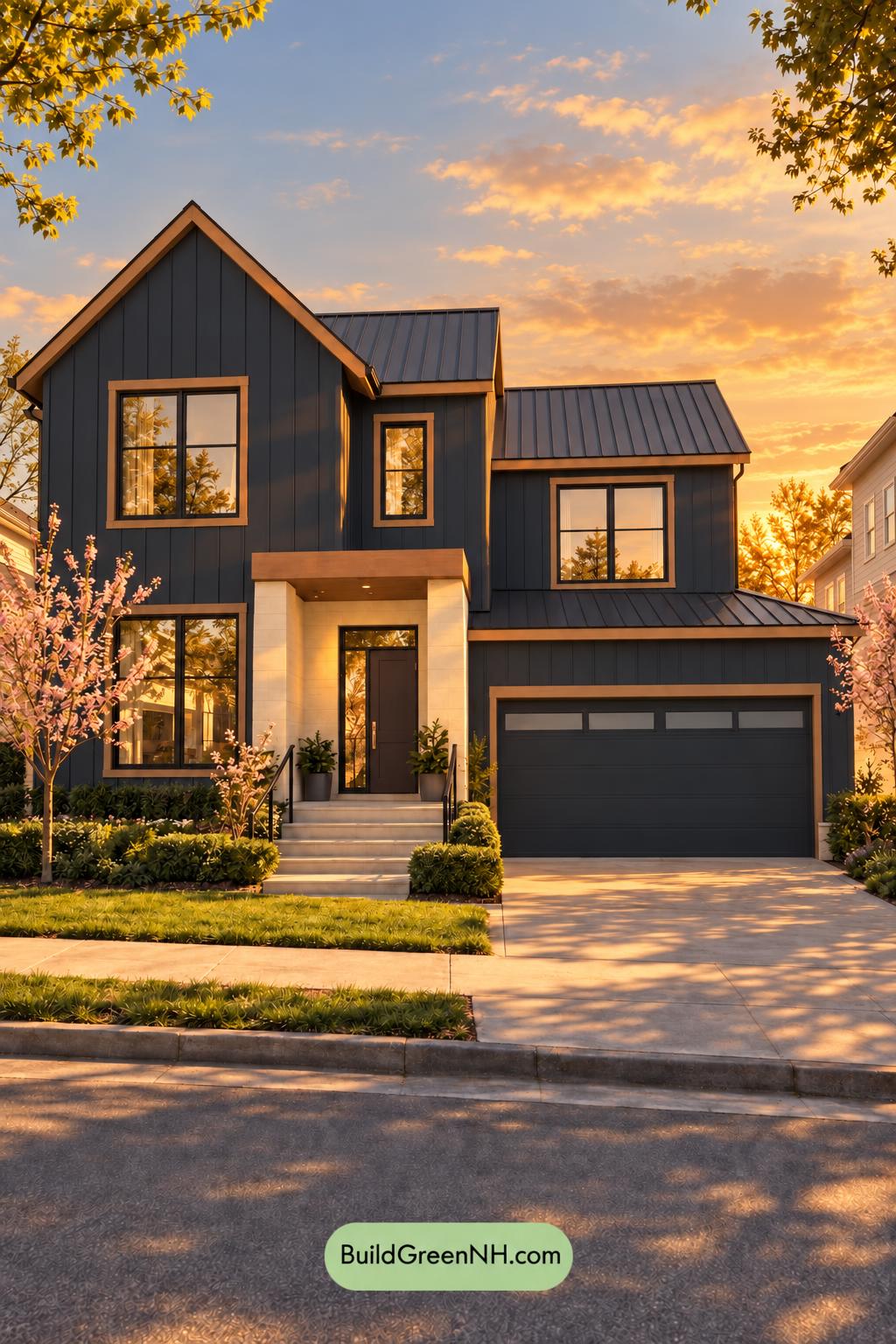 Dark Modern House Exterior Color Scheme: Aegean Rose Ledger - Golden Hour