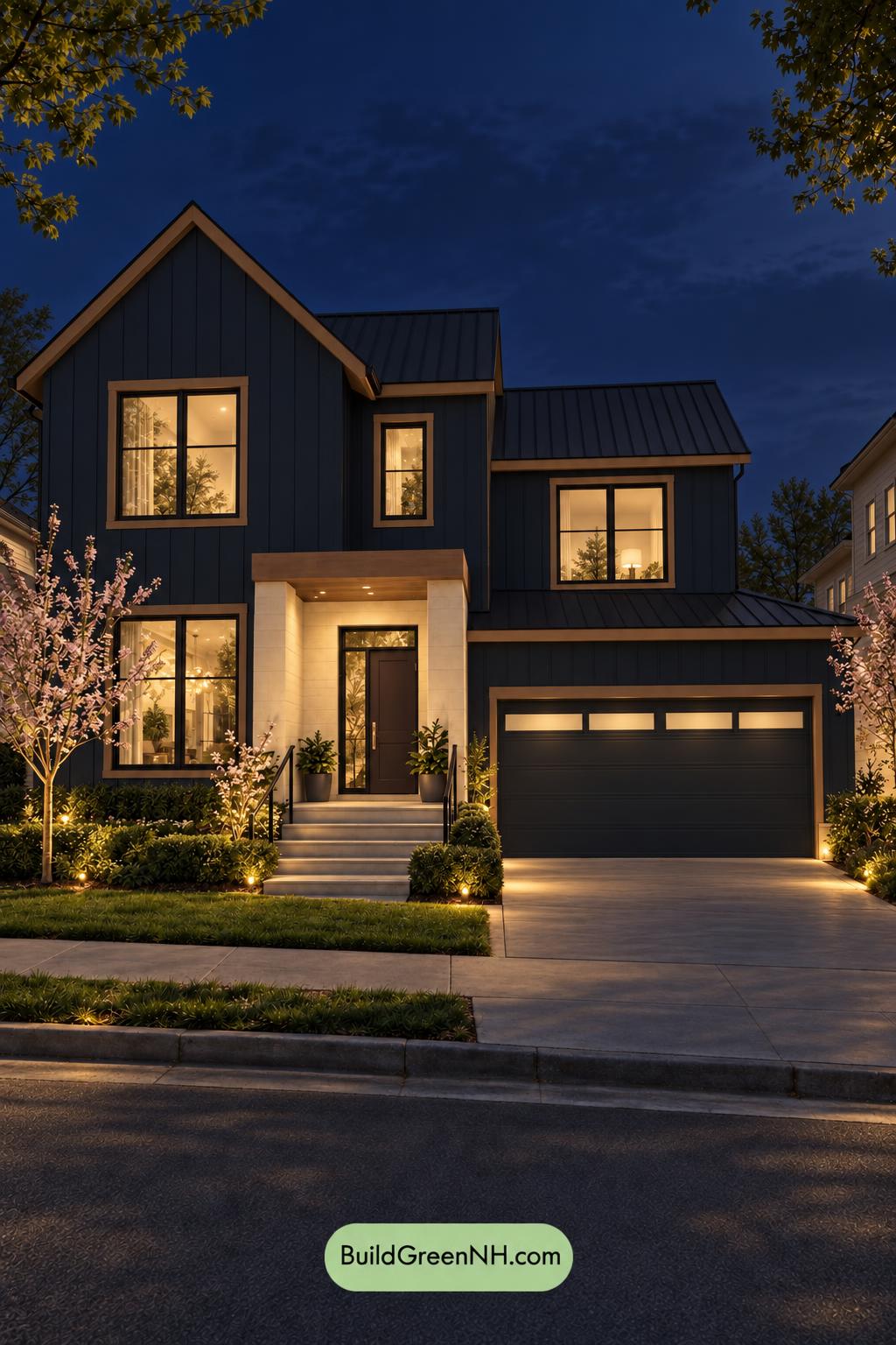 Dark Modern House Exterior Color Scheme: Aegean Rose Ledger - Nighttime