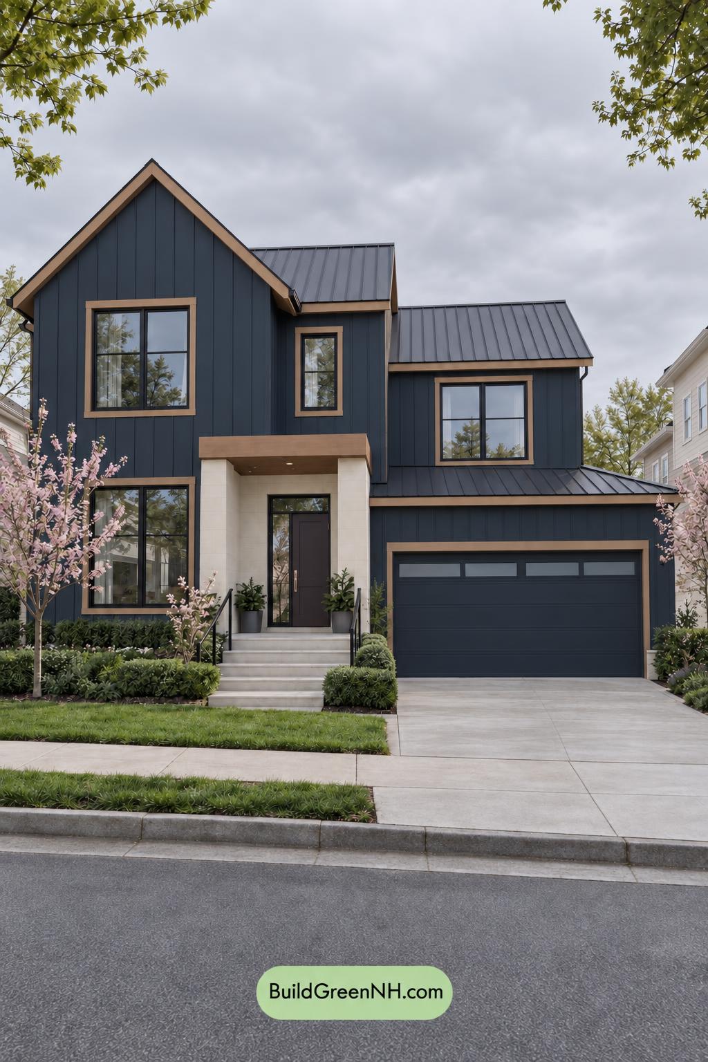 Dark Modern House Exterior Color Scheme: Aegean Rose Ledger - Overcast