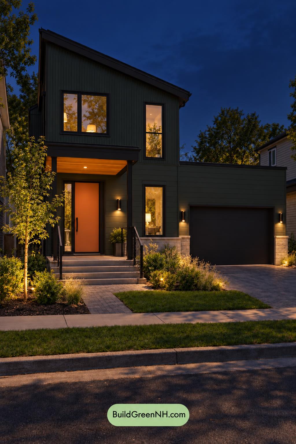 Dark Modern House Exterior Color Scheme: Balsam Terracotta Shift - Nighttime