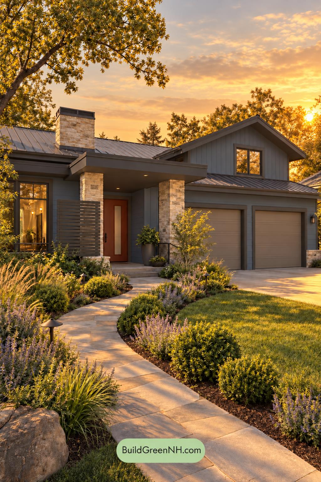 Dark Modern House Exterior Color Scheme: Cobalt Ember Porch - Golden Hour