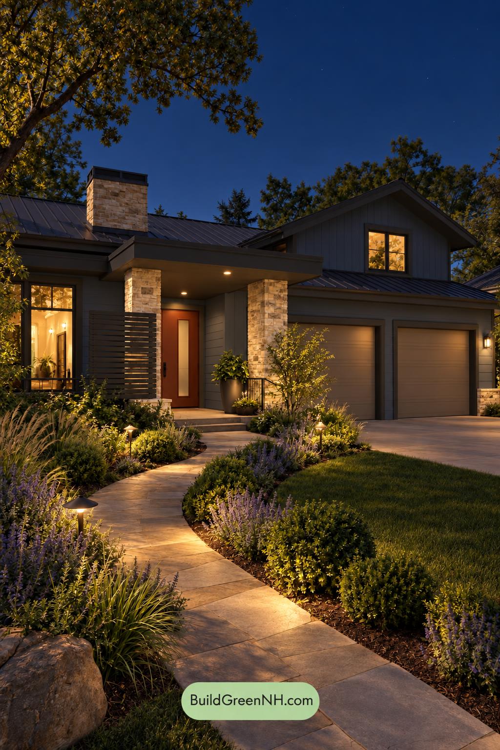Dark Modern House Exterior Color Scheme: Cobalt Ember Porch - Nighttime