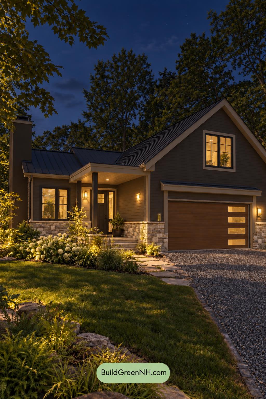 Dark Modern House Exterior Color Scheme: Cocoa Pewter Haven - Nighttime