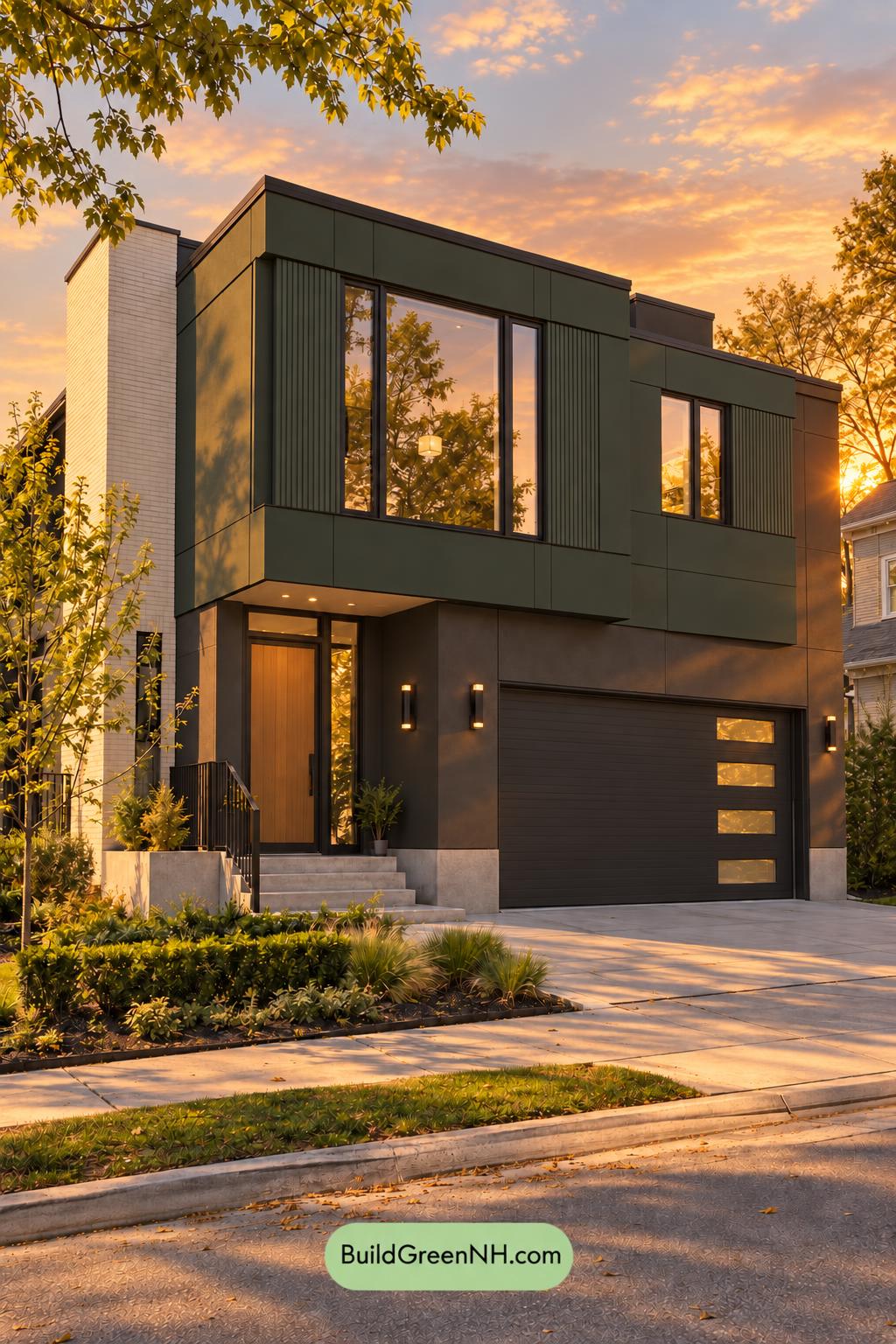 Dark Modern House Exterior Color Scheme: Evergreen Alloy - Golden Hour