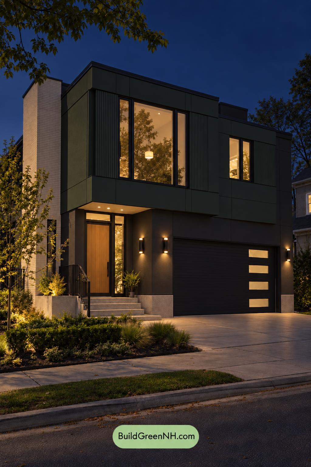 Dark Modern House Exterior Color Scheme: Evergreen Alloy - Nighttime