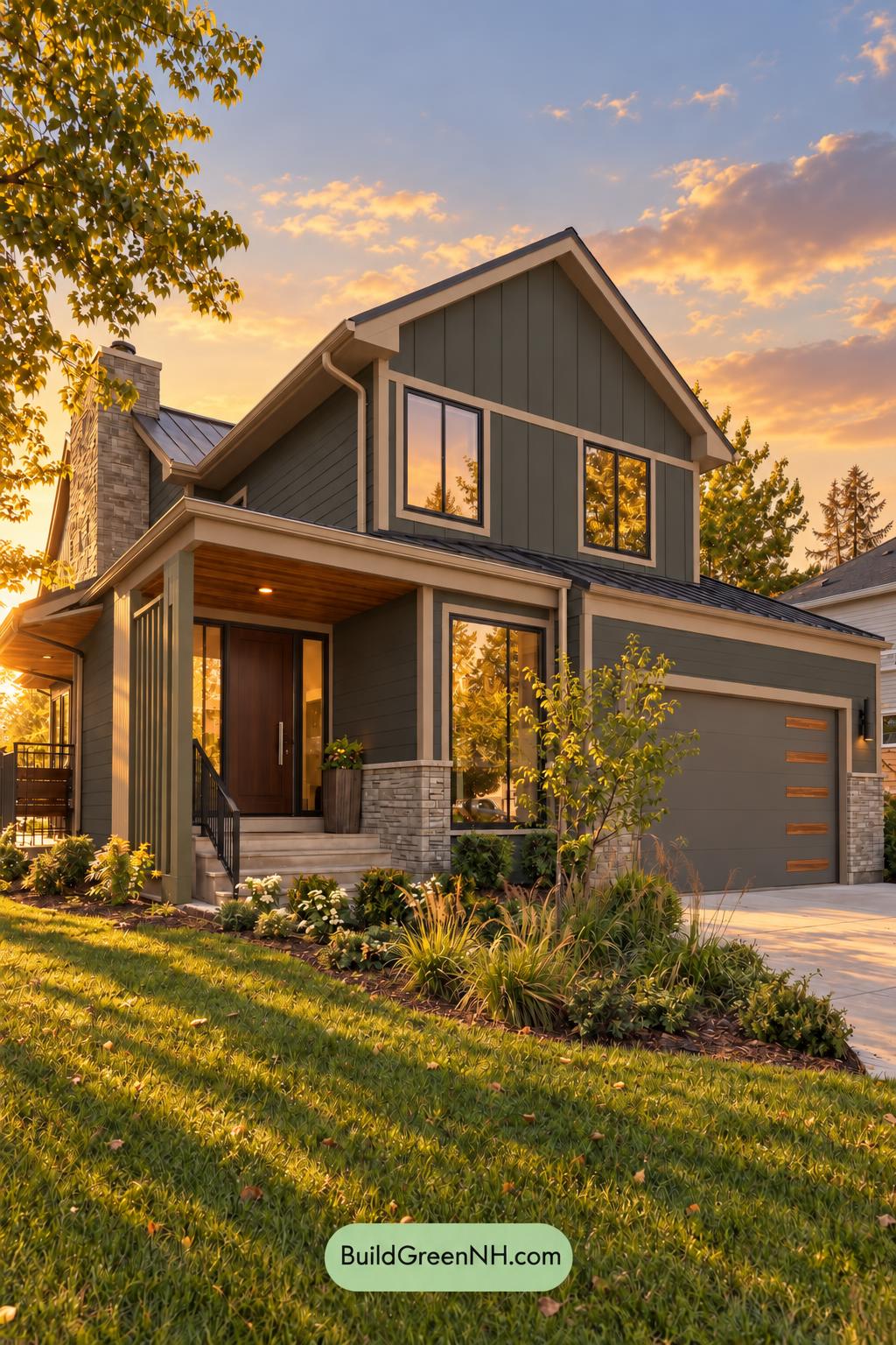 Dark Modern House Exterior Color Scheme: Graphite Moss Poise - Golden Hour