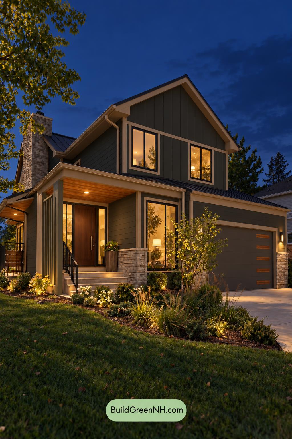 Dark Modern House Exterior Color Scheme: Graphite Moss Poise - Nighttime