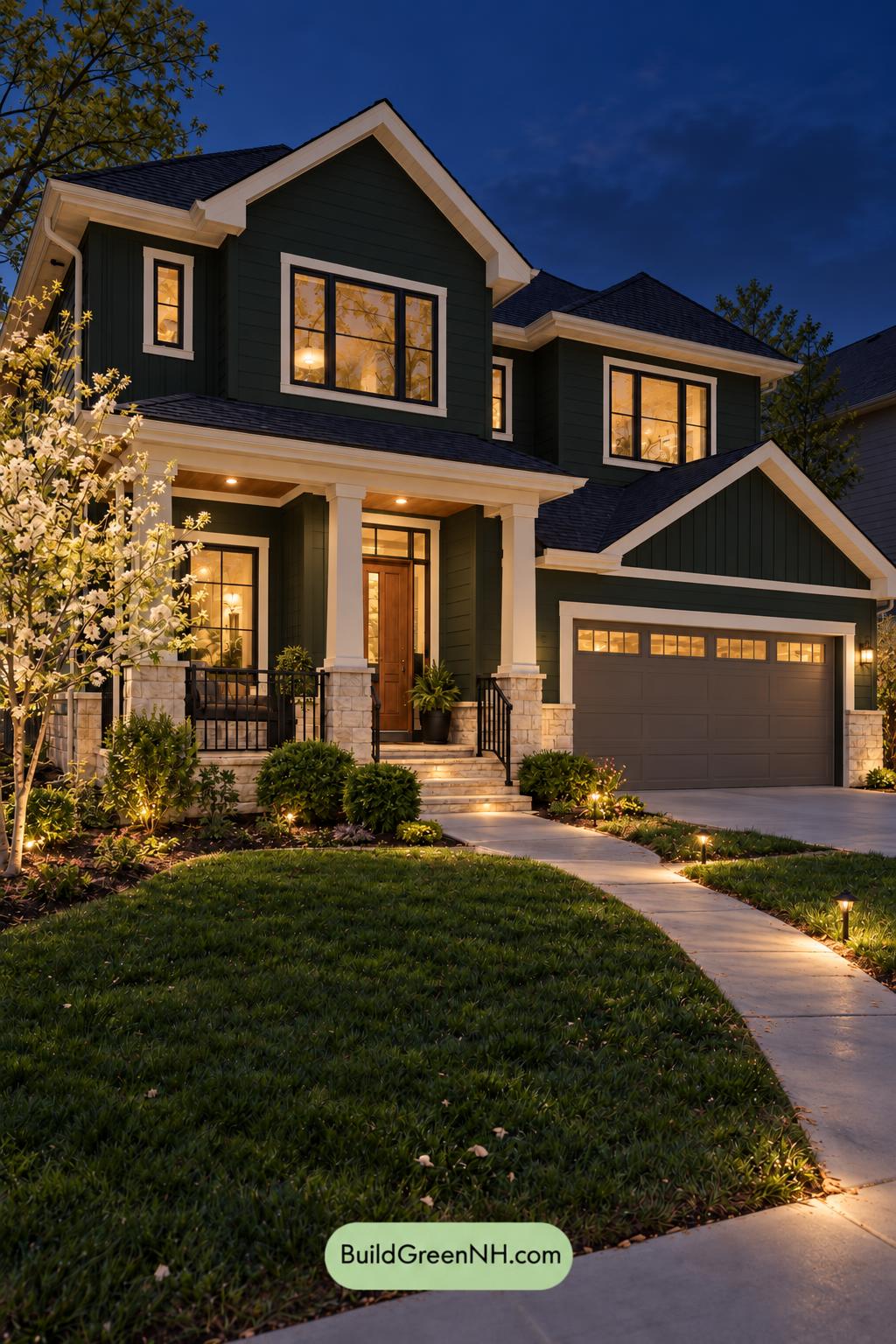 Dark Modern House Exterior Color Scheme: Juniper Lantern - Nighttime