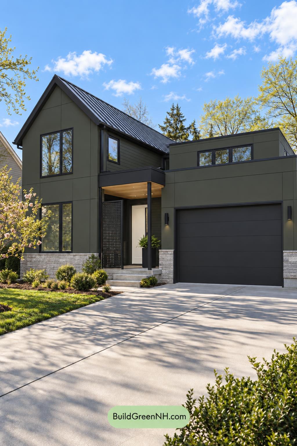 Dark Modern House Exterior Color Scheme: Loden Ivory Offset