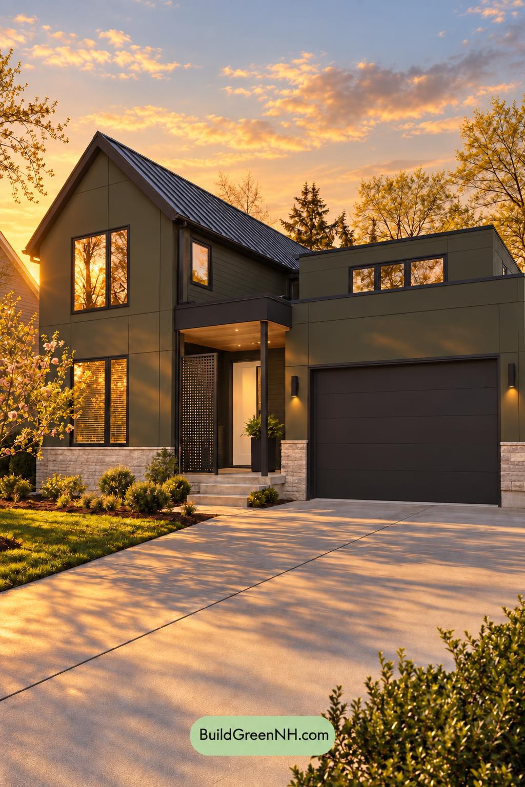 Dark Modern House Exterior Color Scheme: Loden Ivory Offset - Golden Hour