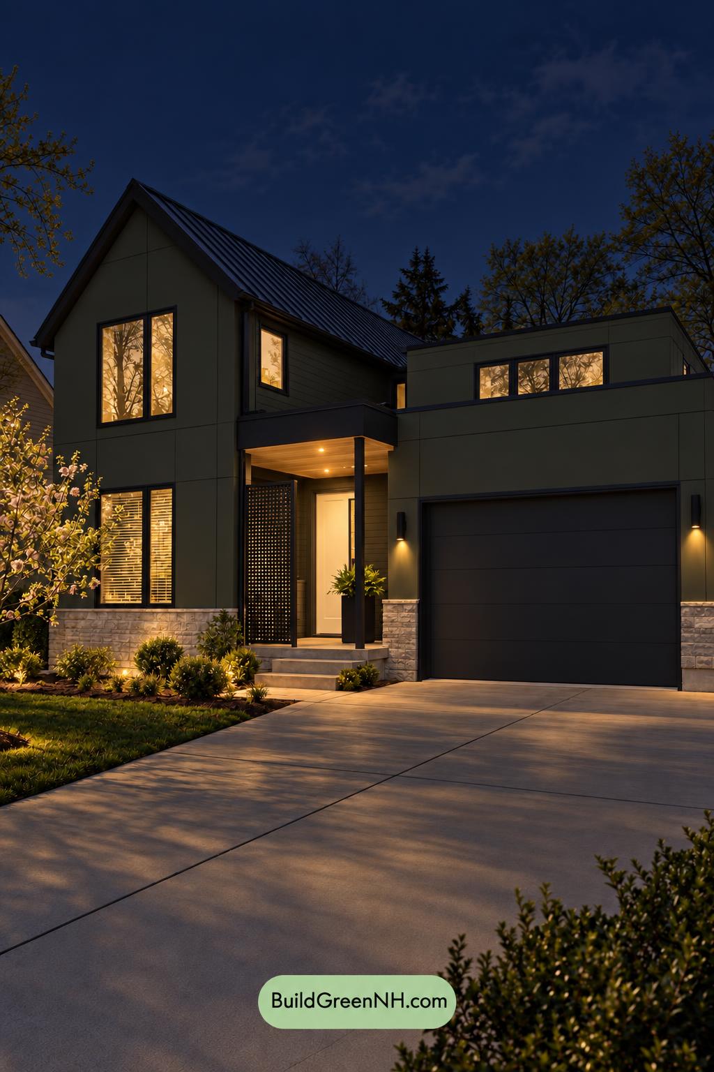 Dark Modern House Exterior Color Scheme: Loden Ivory Offset - Nighttime