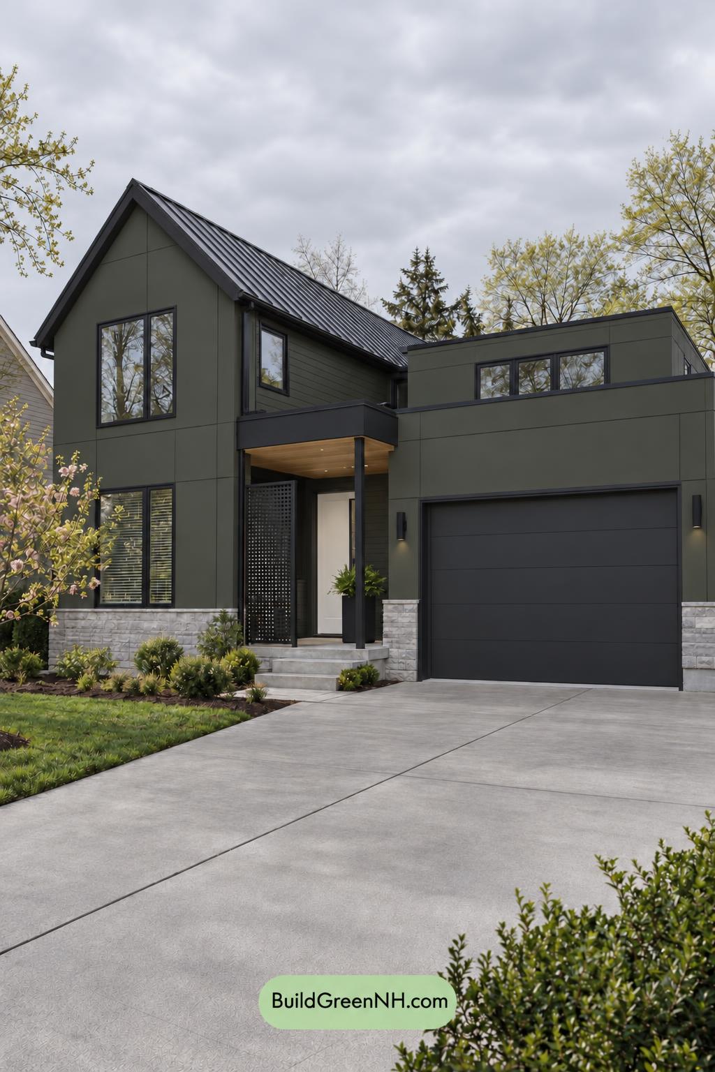 Dark Modern House Exterior Color Scheme: Loden Ivory Offset - Overcast