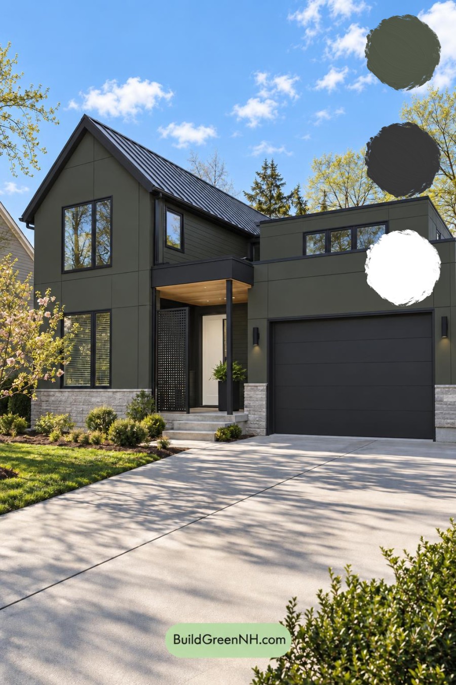 Dark Modern House Exterior Color Scheme: Loden Ivory Offset