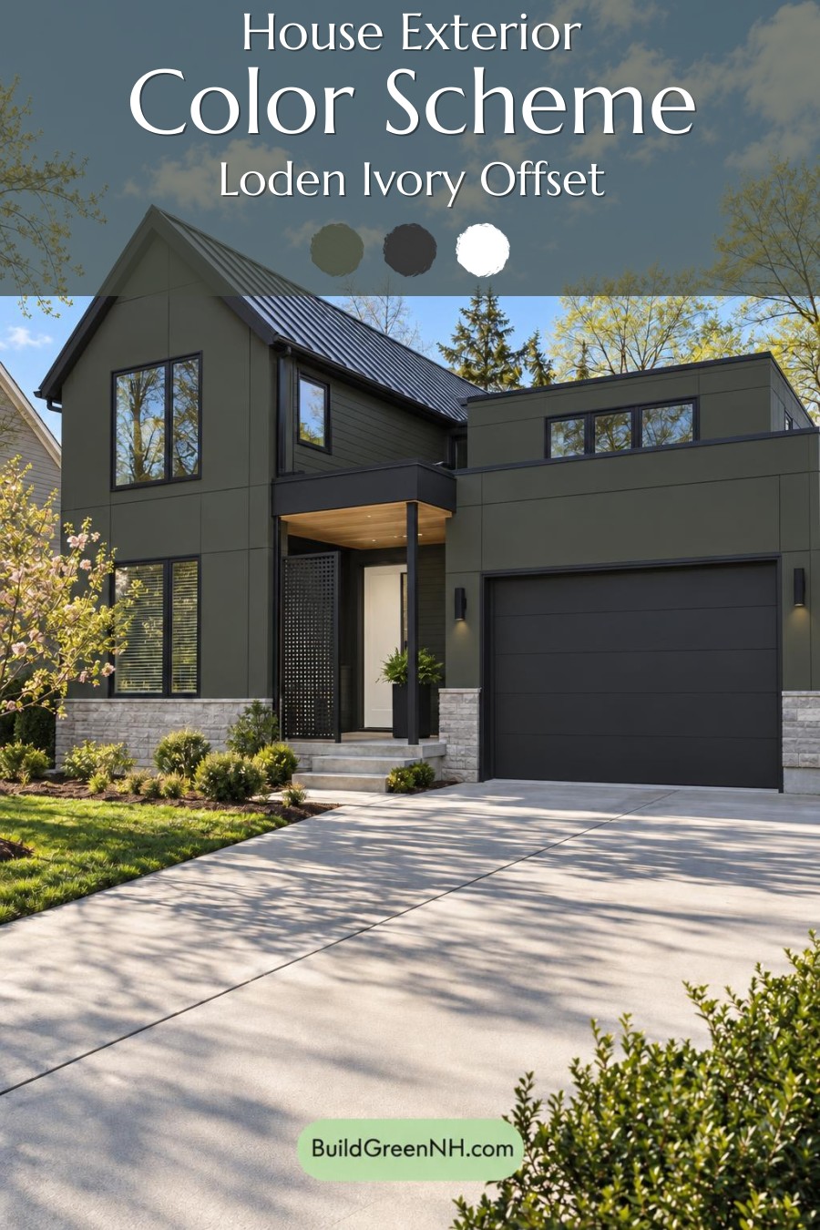 Dark Modern House Exterior Color Scheme: Loden Ivory Offset