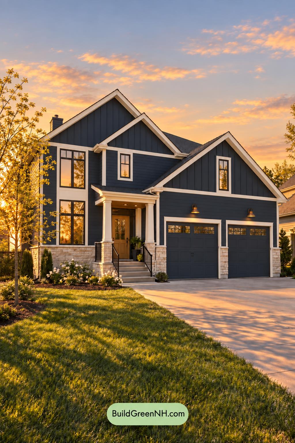 Dark Modern House Exterior Color Scheme: Midnight Saffron Haven - Golden Hour