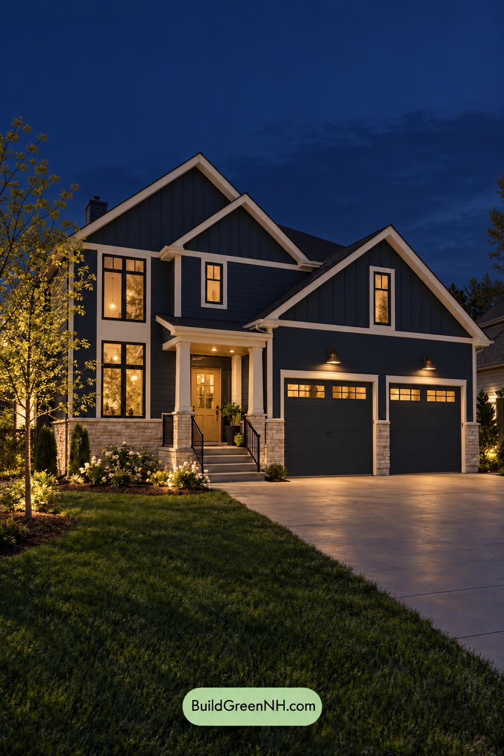 Dark Modern House Exterior Color Scheme: Midnight Saffron Haven - Nighttime