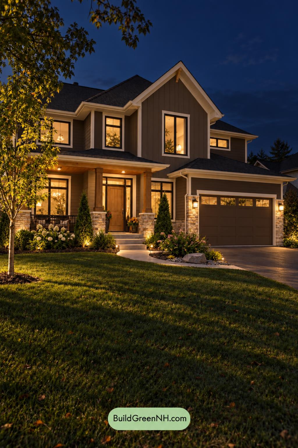 Dark Modern House Exterior Color Scheme: Mocha Birch Calm - Nighttime