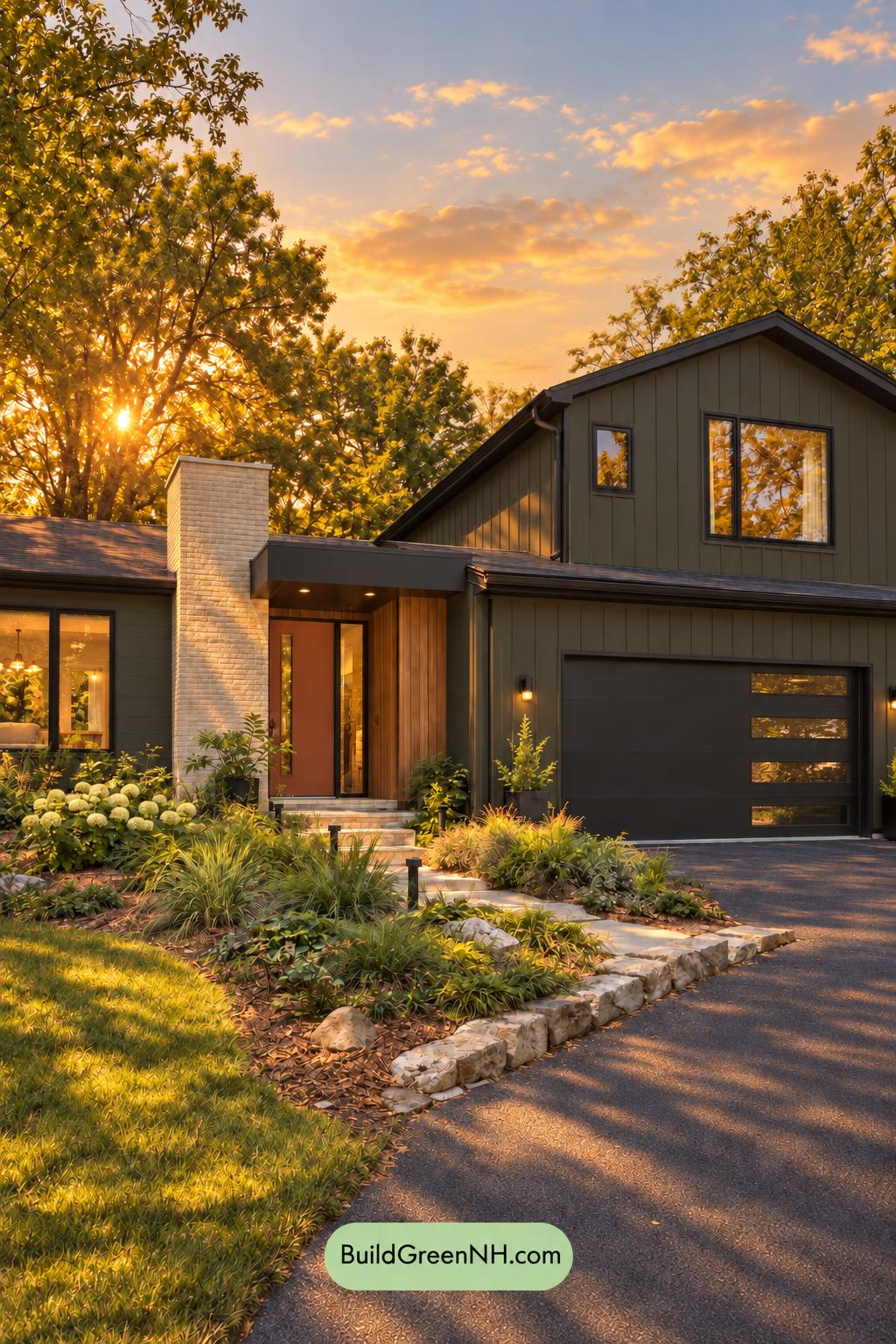 Dark Modern House Exterior Color Scheme: Myrtle Clay Passage - Golden Hour