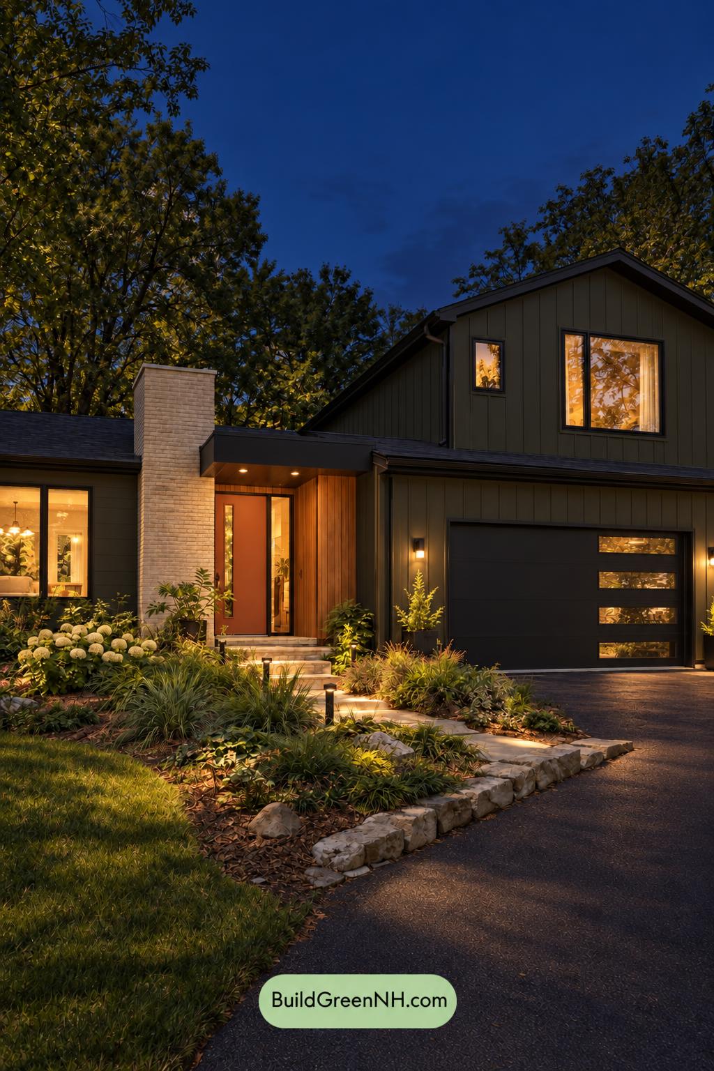 Dark Modern House Exterior Color Scheme: Myrtle Clay Passage - Nighttime