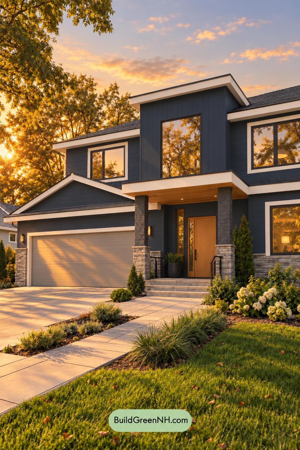 Dark Modern House Exterior Color Scheme: Navy Apricot Threshold - Golden Hour