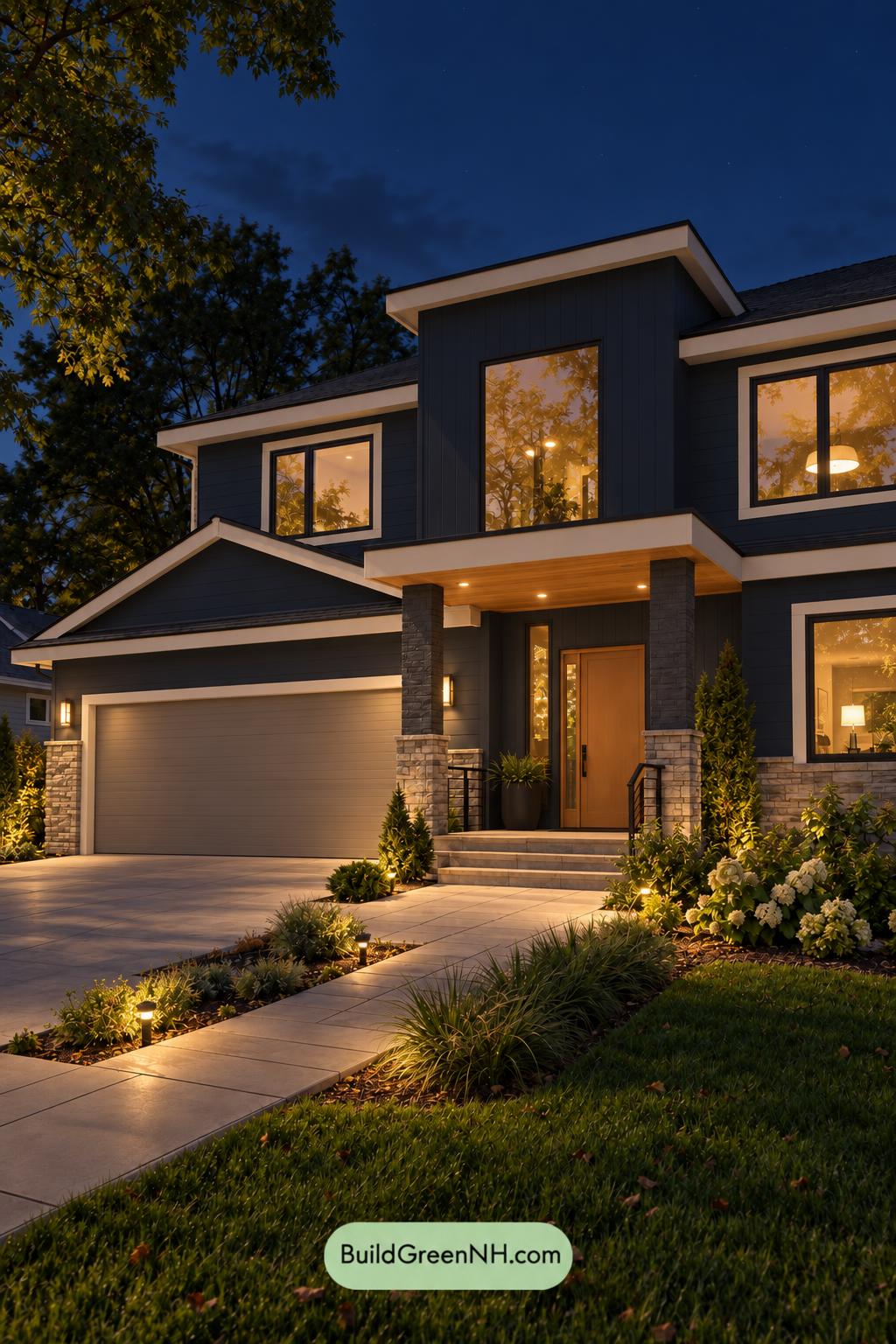 Dark Modern House Exterior Color Scheme: Navy Apricot Threshold - Nighttime