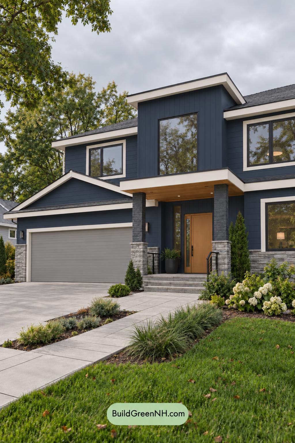 Dark Modern House Exterior Color Scheme: Navy Apricot Threshold - Overcast