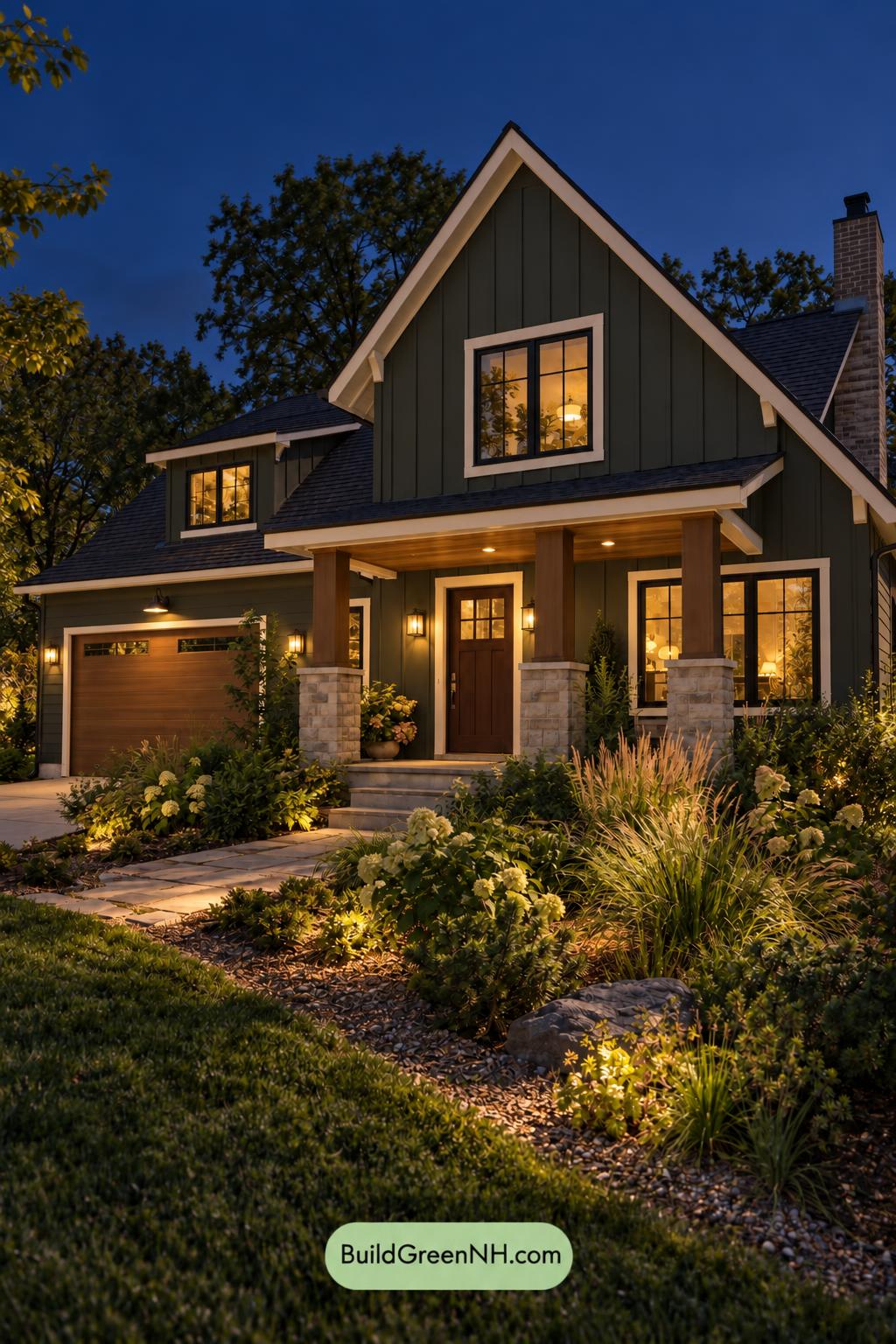 Dark Modern House Exterior Color Scheme: Pine Emberline - Nighttime