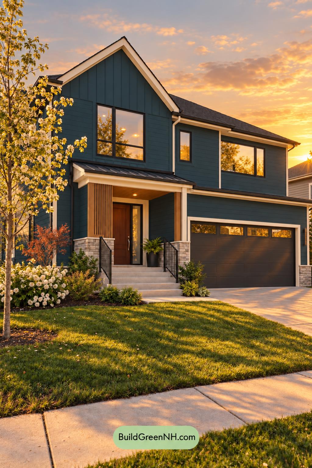 Dark Modern House Exterior Color Scheme: Prussian Linen Drift - Golden Hour