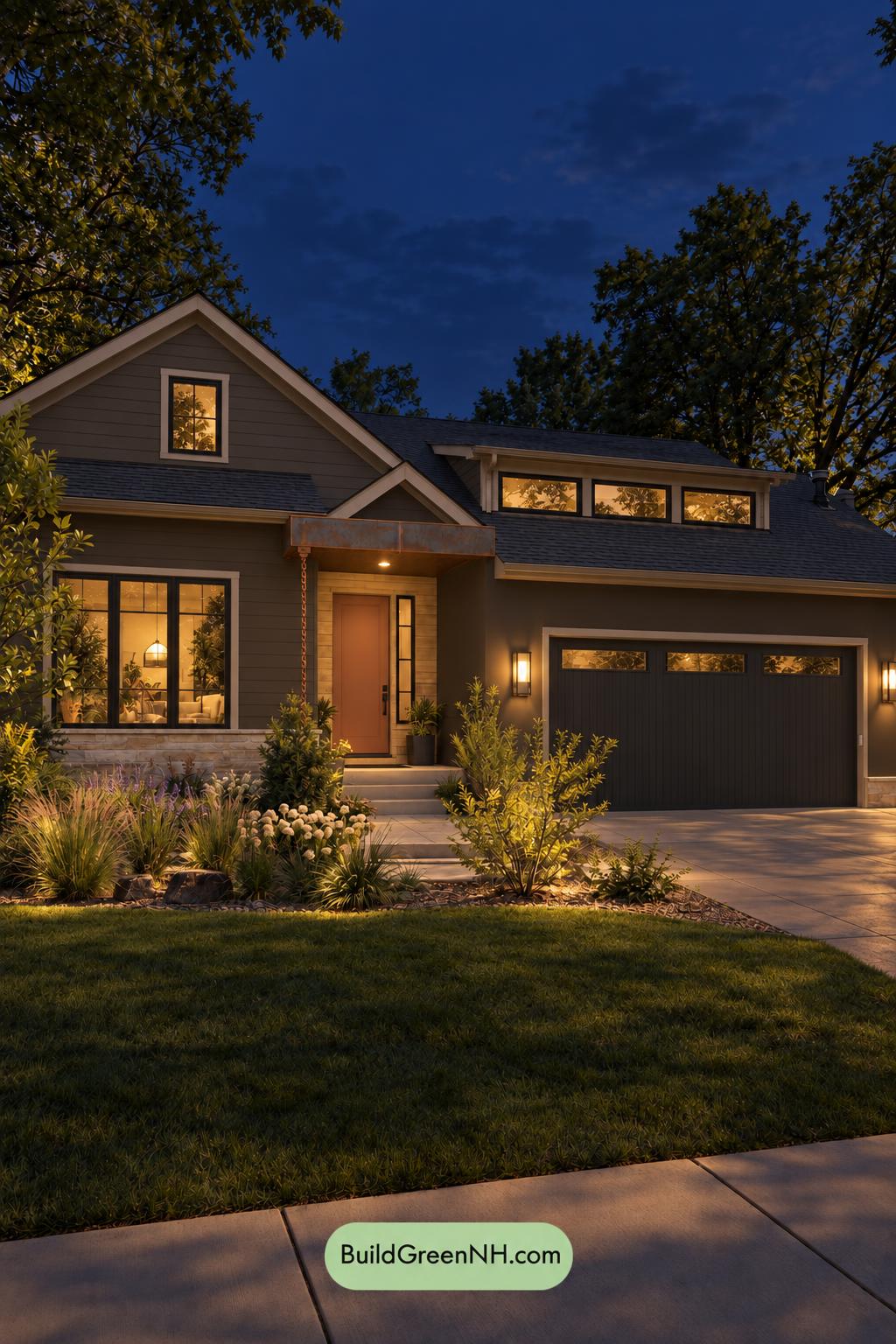 Dark Modern House Exterior Color Scheme: Slate Copper Quiet - Nighttime
