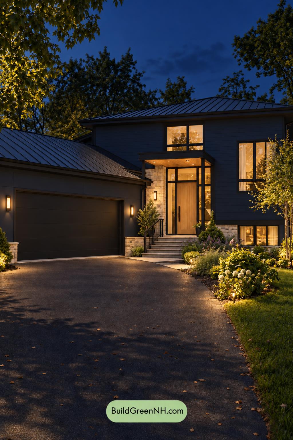 Dark Modern House Exterior Color Scheme: Ultramarine Wheatline - Nighttime