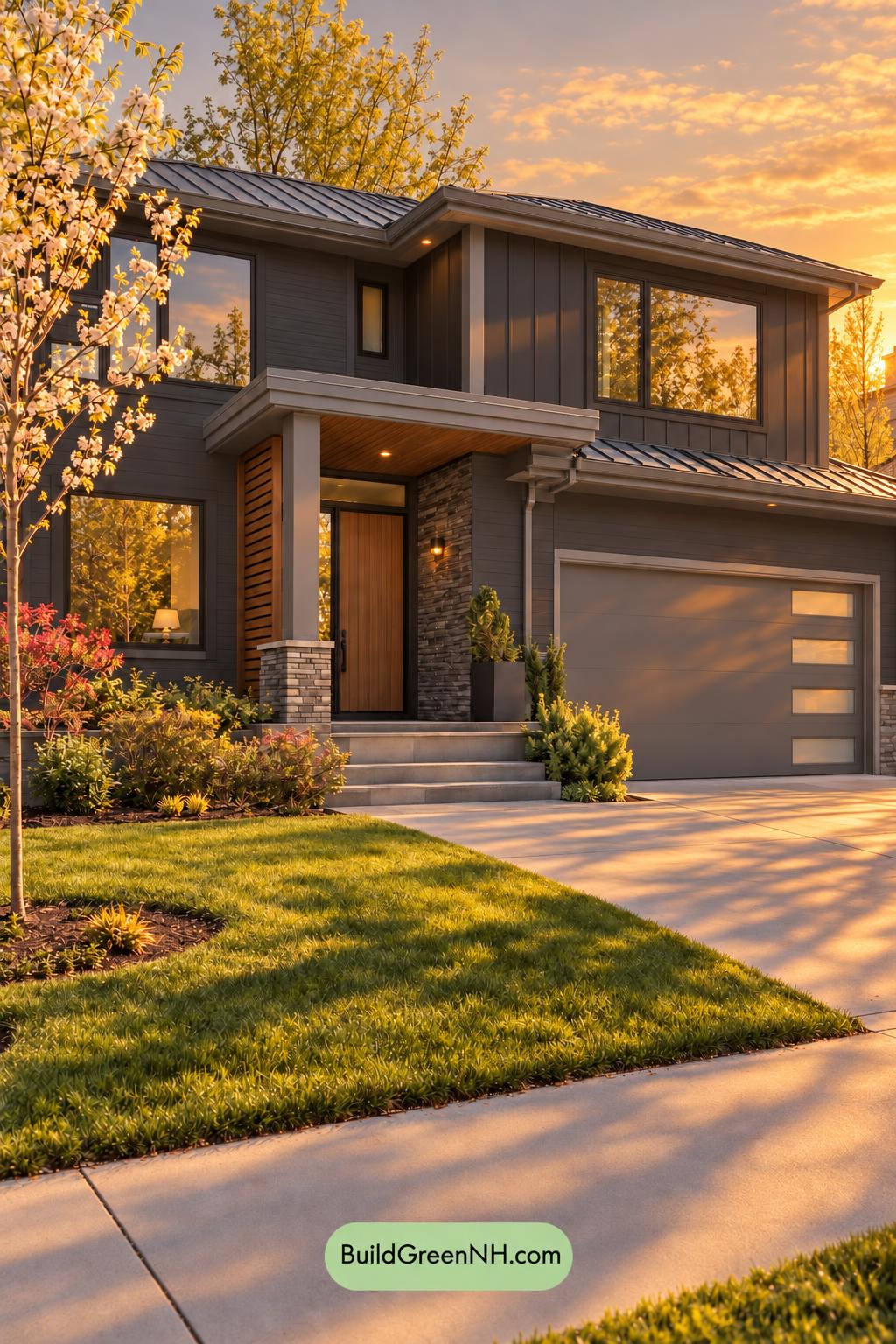 Dark Modern House Exterior Color Scheme: Velvet Charcoal Ember - Golden Hour