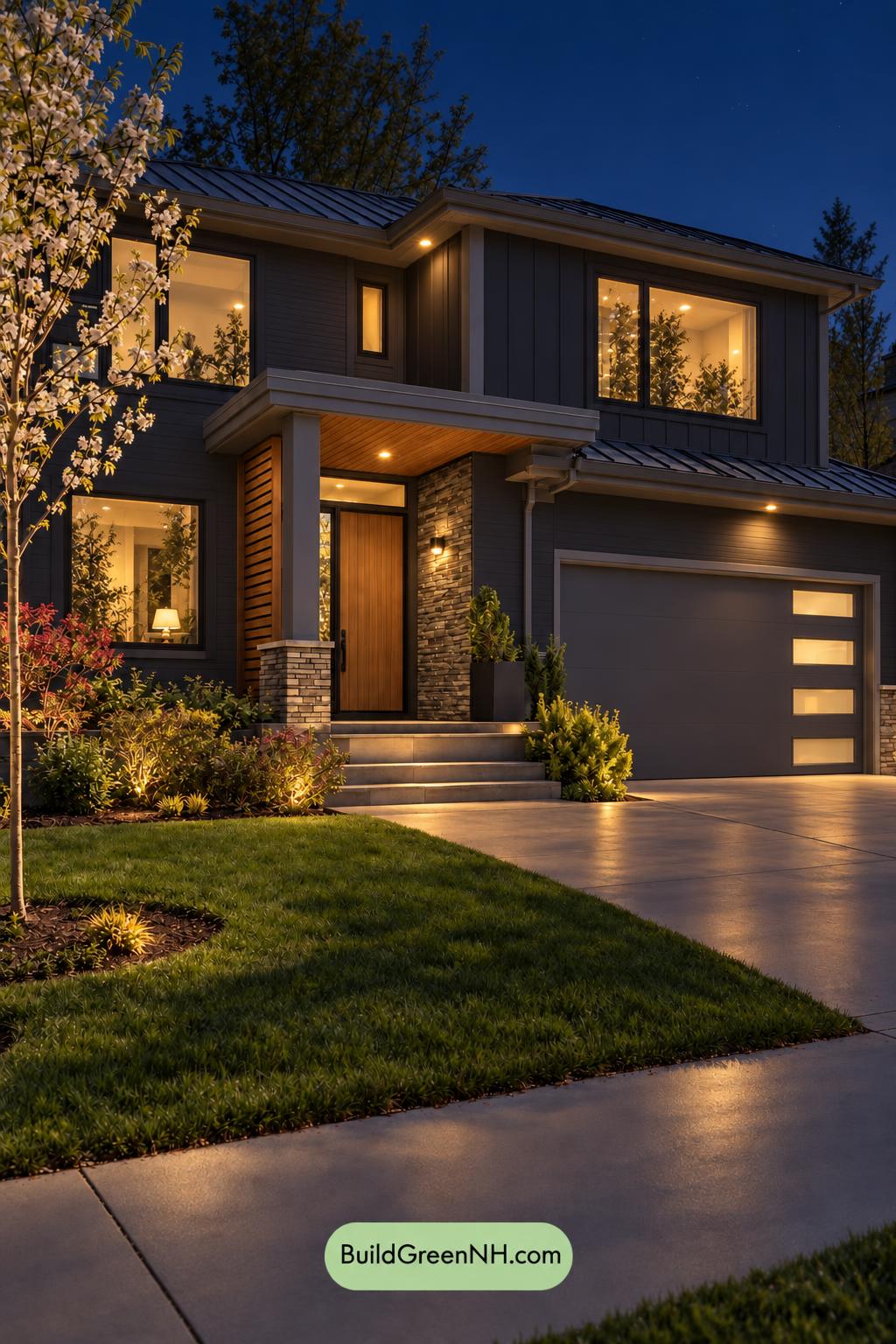 Dark Modern House Exterior Color Scheme: Velvet Charcoal Ember - Nighttime