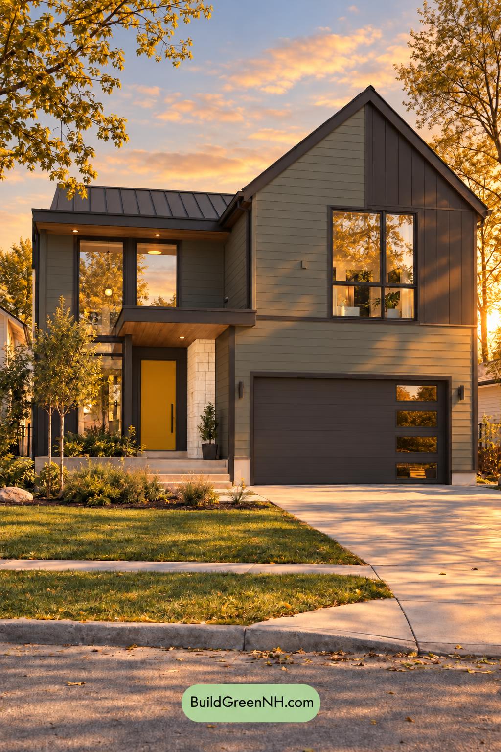 Dark Modern House Exterior Color Scheme: Verdant Brass Interval - Golden Hour