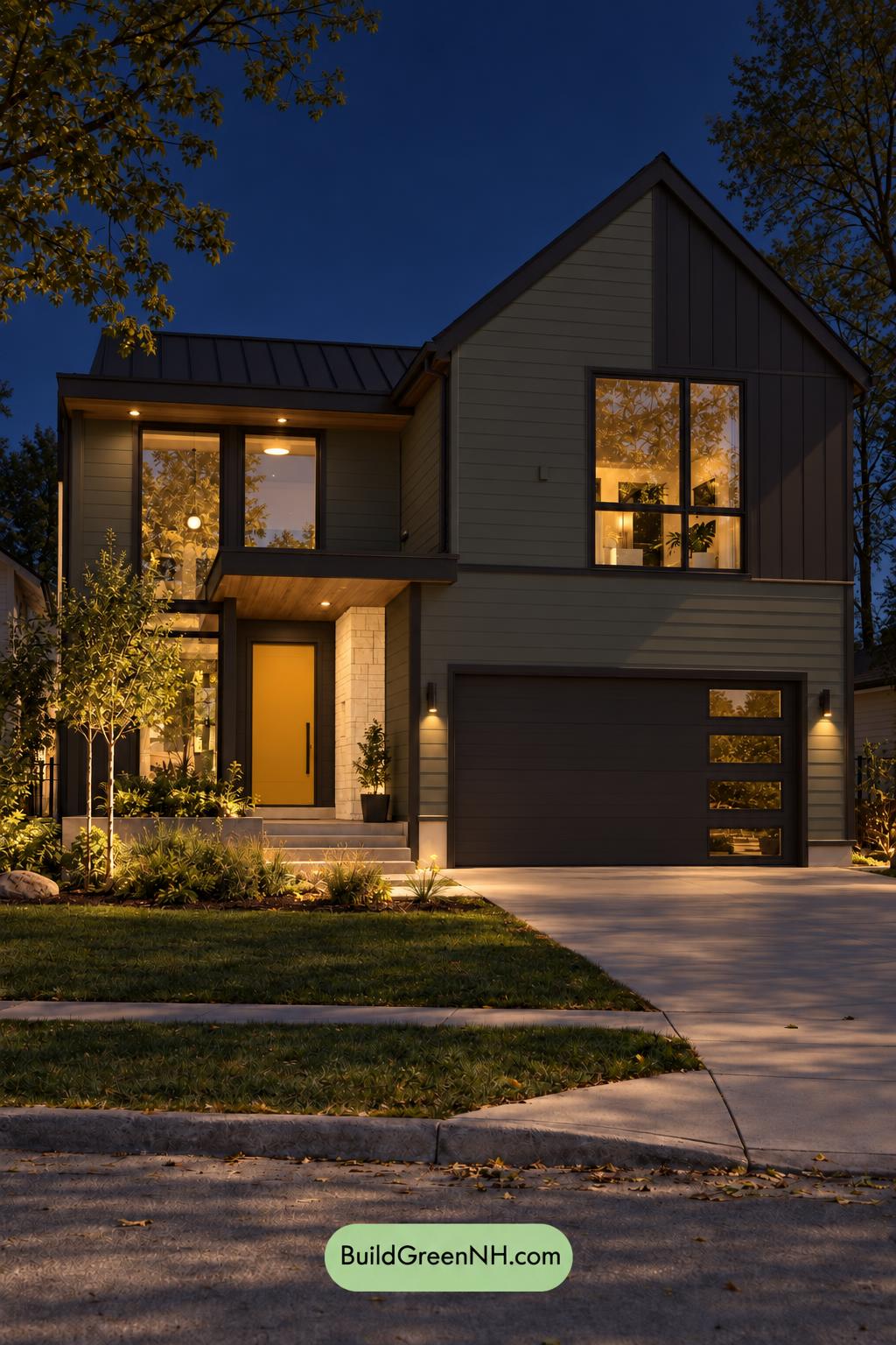 Dark Modern House Exterior Color Scheme: Verdant Brass Interval - Nighttime