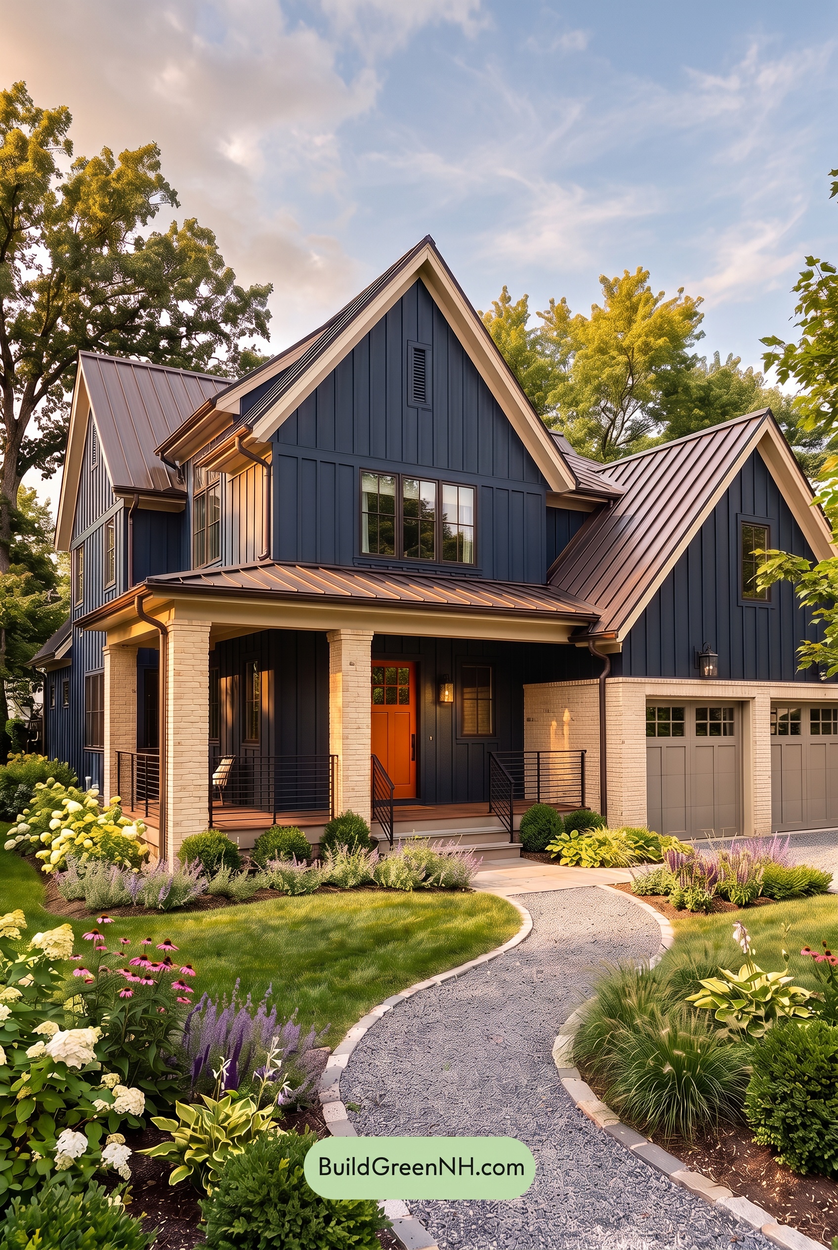 Dark Navy Blue House Exterior Color Scheme: Apricot Lantern - Golden Hour
