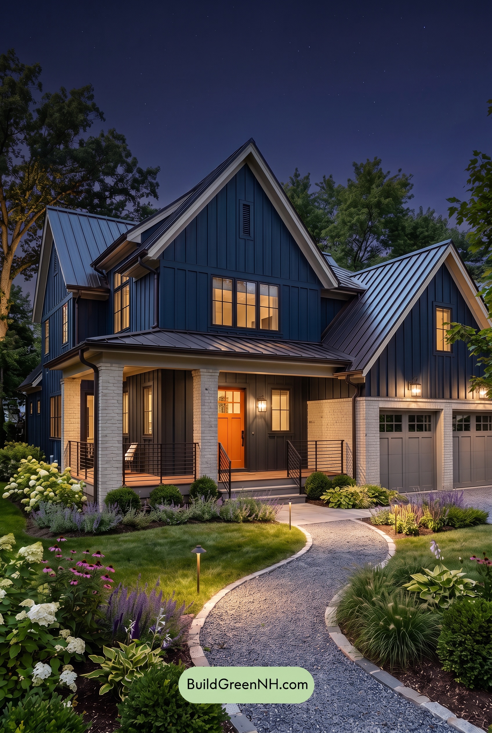 Dark Navy Blue House Exterior Color Scheme: Apricot Lantern - Nighttime