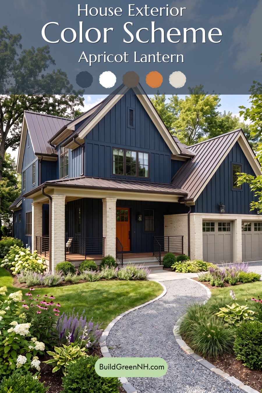 Dark Navy Blue House Exterior Color Scheme: Apricot Lantern