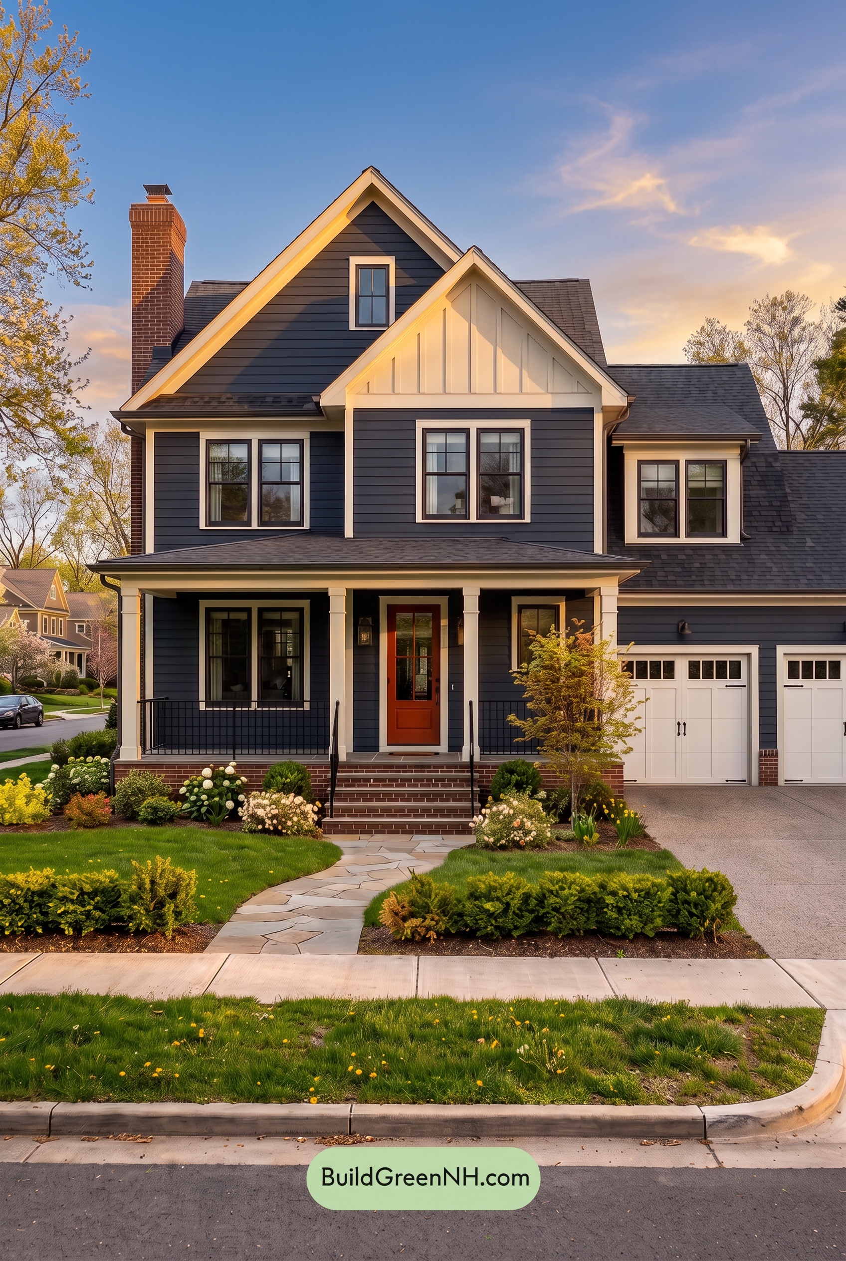 Dark Navy Blue House Exterior Color Scheme: Blueblack Brick Ember - Golden Hour