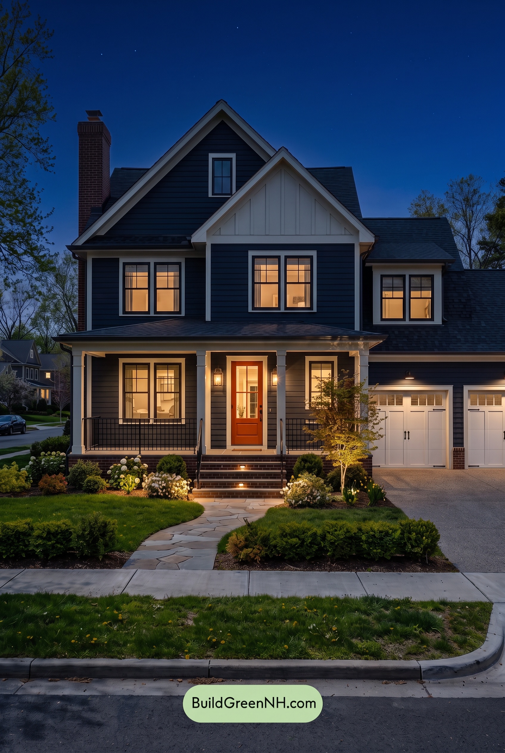 Dark Navy Blue House Exterior Color Scheme: Blueblack Brick Ember - Nighttime