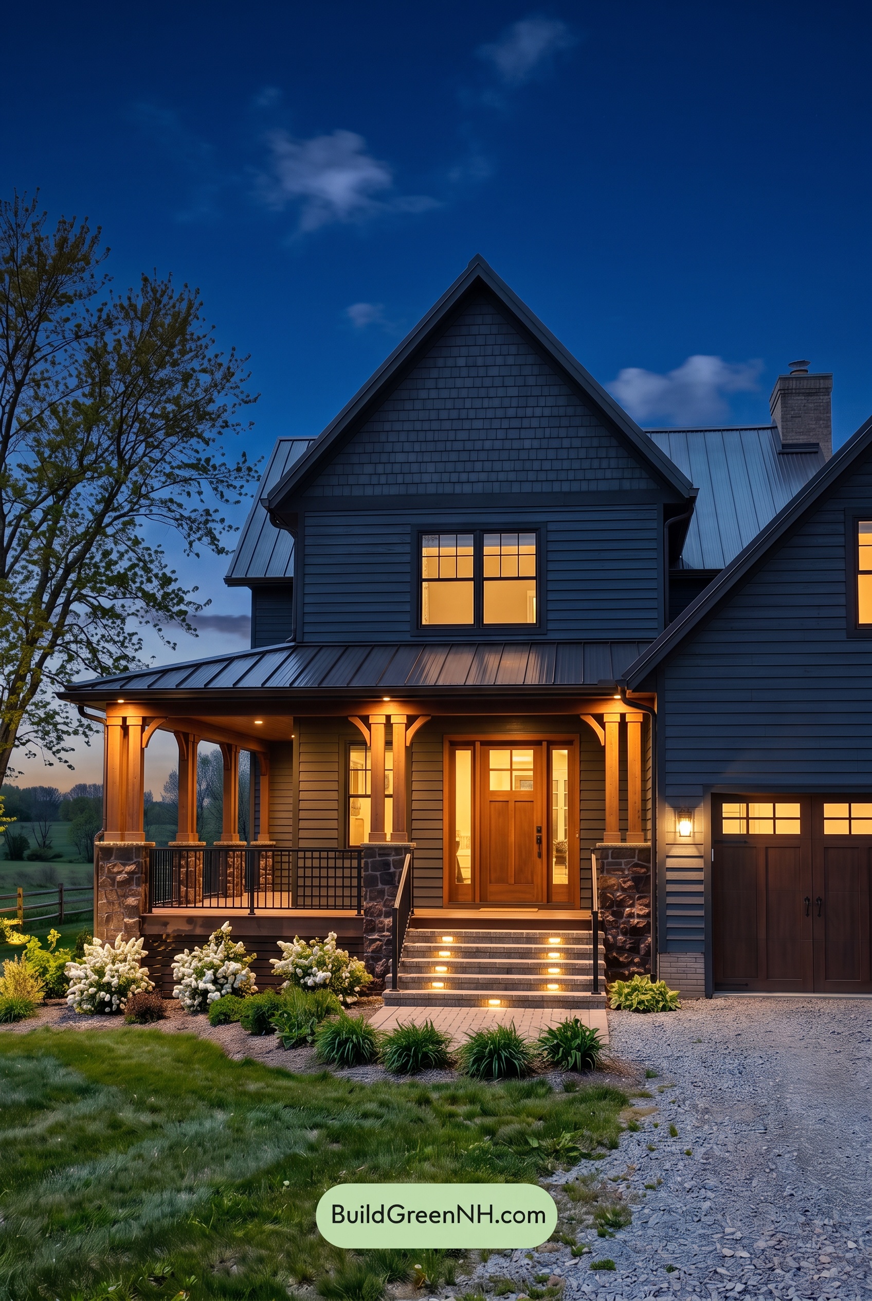 Dark Navy Blue House Exterior Color Scheme: Brownwood Blue Poise - Nighttime