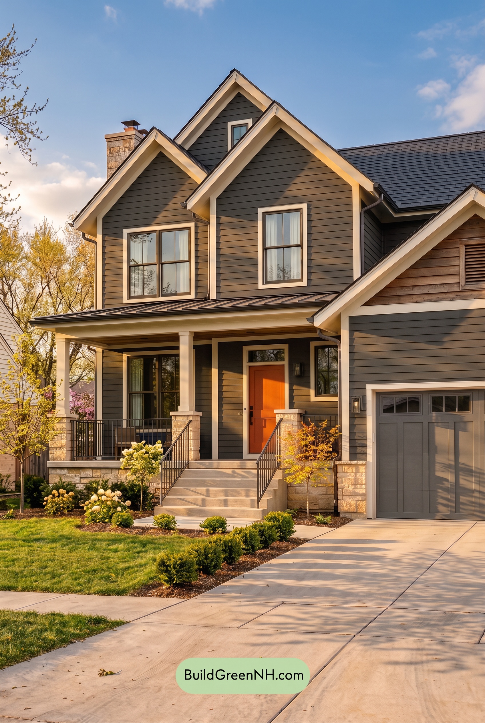 Dark Navy Blue House Exterior Color Scheme: Cinder Porchlight - Golden Hour
