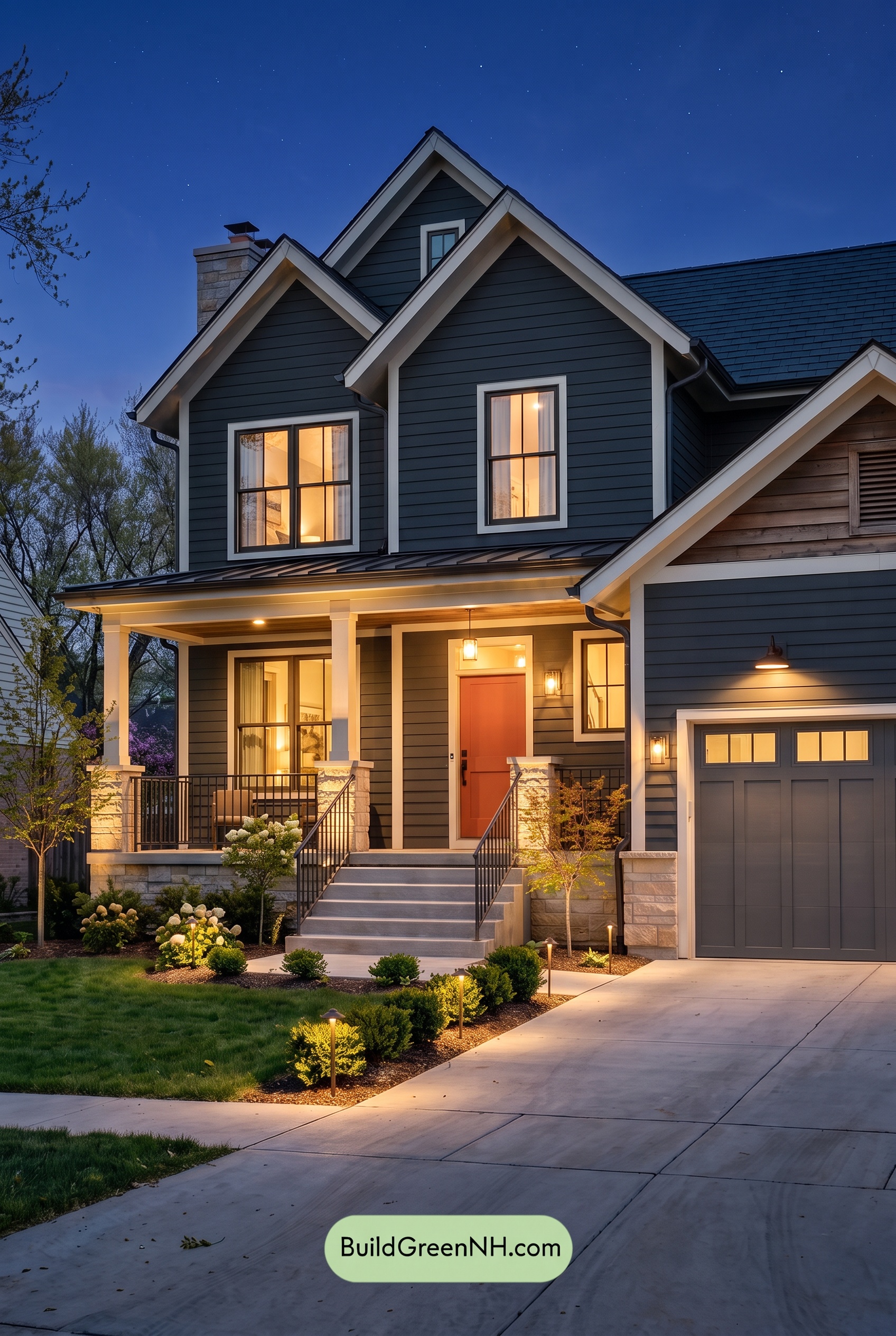 Dark Navy Blue House Exterior Color Scheme: Cinder Porchlight - Nighttime